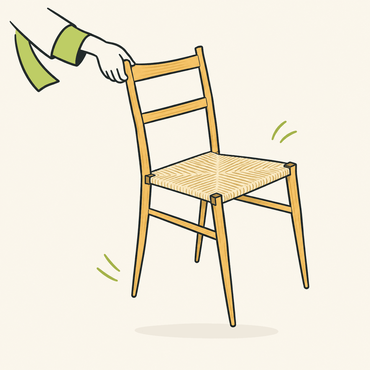 Une main soulève une chaise fine en bois : interprétation éditoriale de la légèreté, et non dessin technique de la Superleggera.