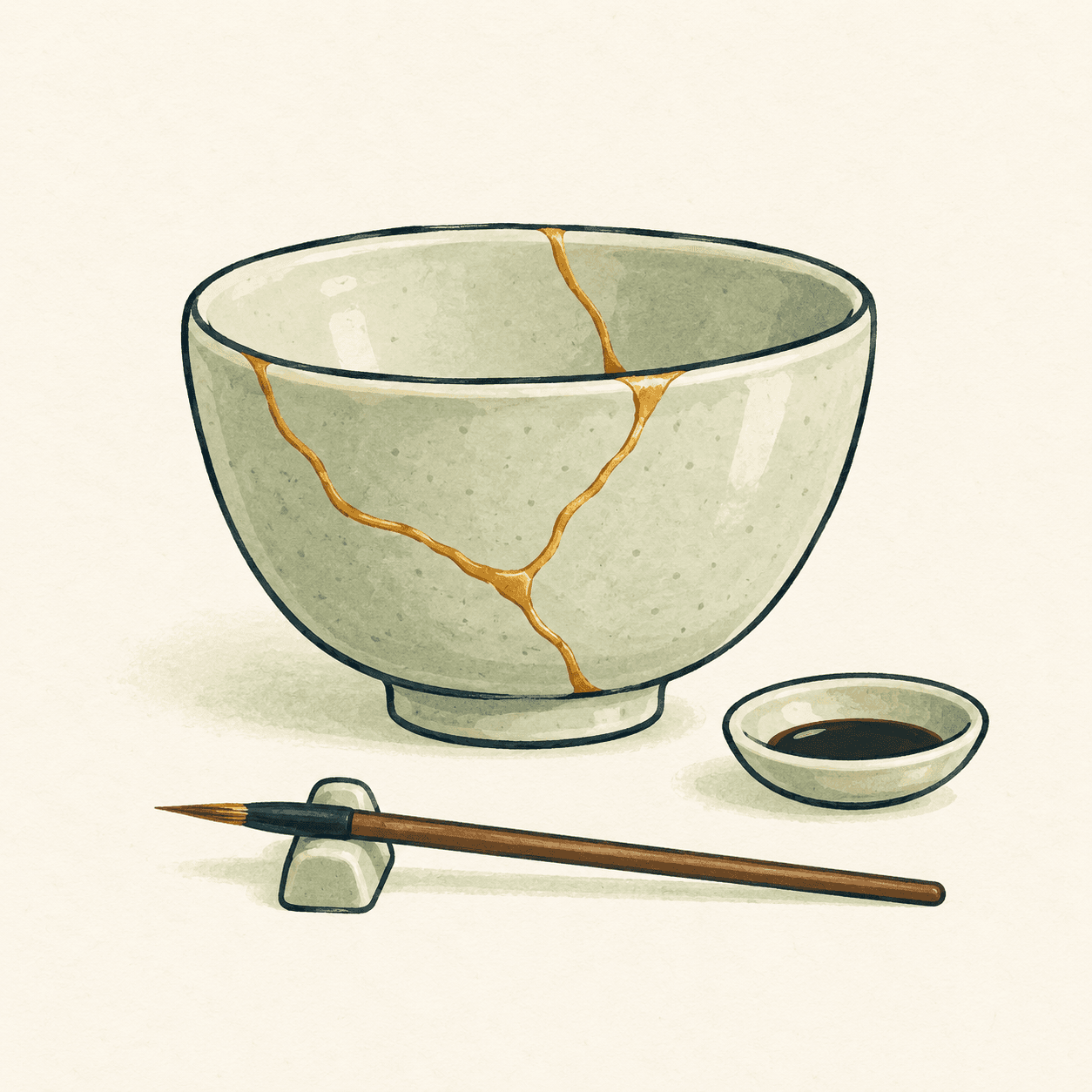 Bol imaginaire vert pâle avec des joints dorés, un pinceau et une coupelle de laque : illustration du kintsugi, sans reproduire un objet de musée.