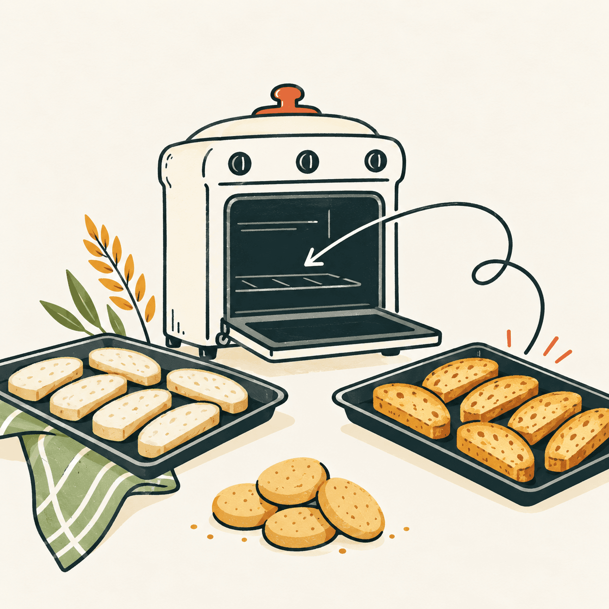 Un four et deux plaques de pain tranché, avec des biscuits au premier plan : métaphore éditoriale de la cuisson répétée conservée dans le nom italien.
