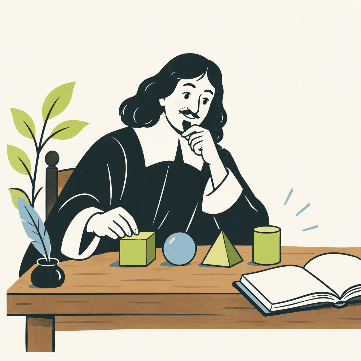 Portrait interprété de Descartes examinant quatre solides géométriques sur une table, métaphore éditoriale d’un raisonnement ordonné.