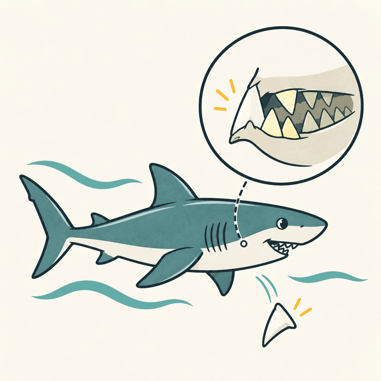Requin stylisé avec une vue schématique agrandie de sa dentition et une dent perdue ; les formes et les nombres ne représentent pas une espèce précise.