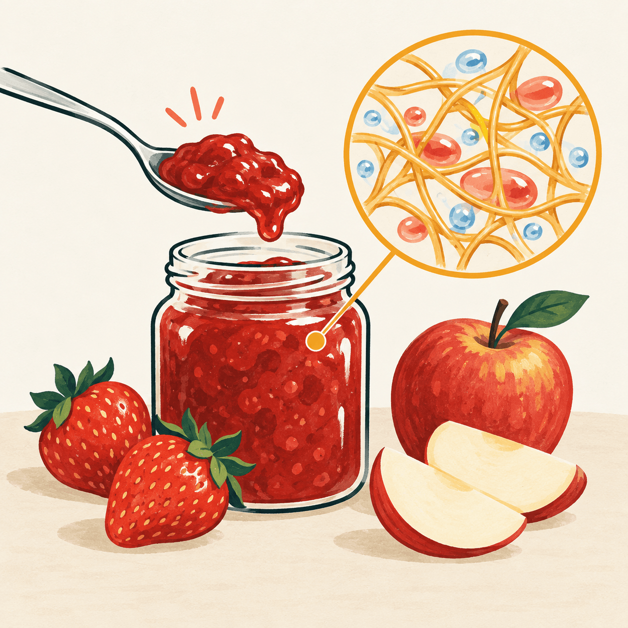 An open jar of jam and fruit, with a network of thin lines symbolically representing pectin.