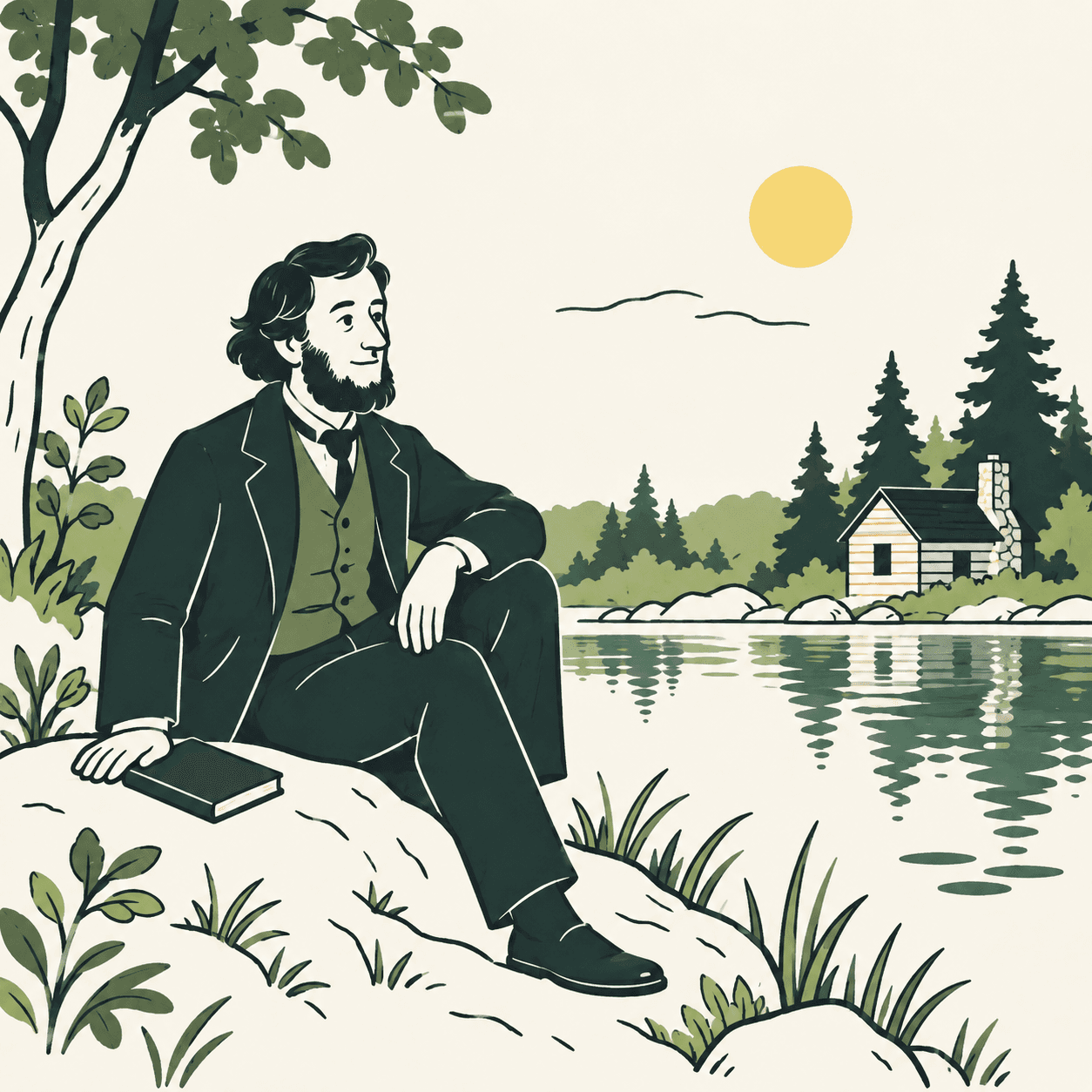 An interpretive portrait of Henry David Thoreau seated with a closed book beside a pond, a cabin and pine trees.