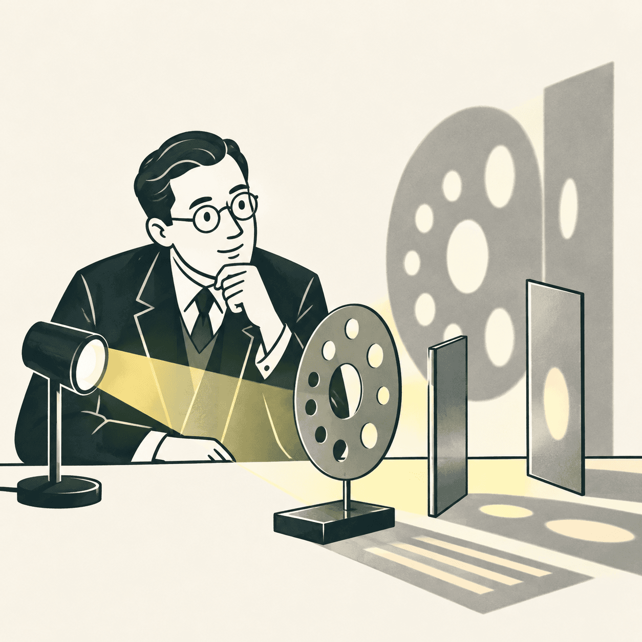 An interpretive portrait of Moholy-Nagy seated with glasses before a perforated disc, metal planes and a projector; not an exact reconstruction of the Light Prop.