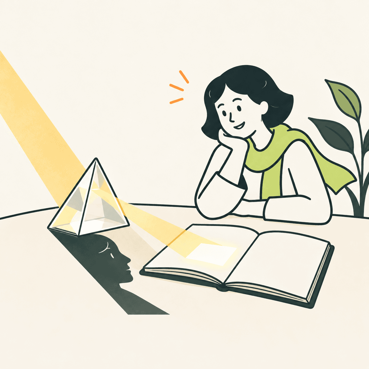 A young woman observes a prism and a beam of light beside a blank notebook; a shadow forms a human profile, an editorial metaphor for lucido.