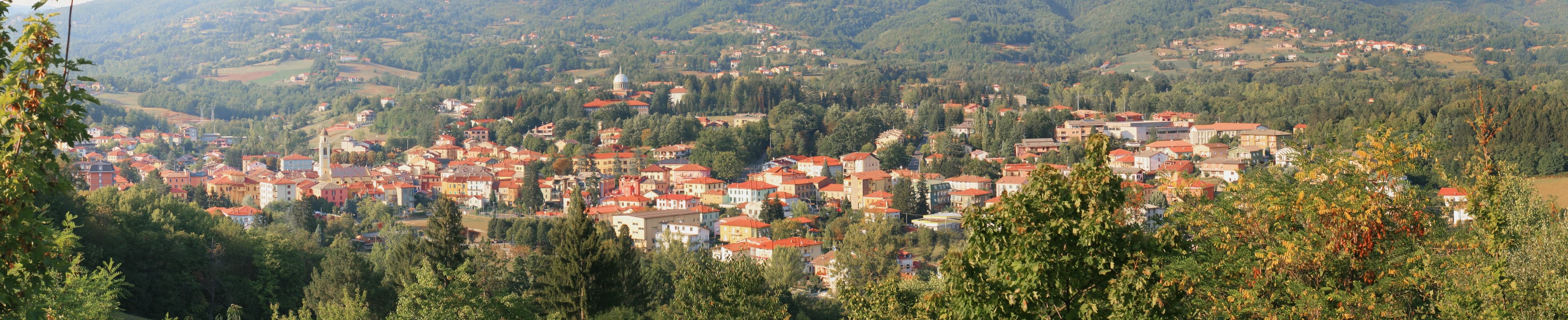 Il centro abitato di Bedonia tra pendii boscosi.