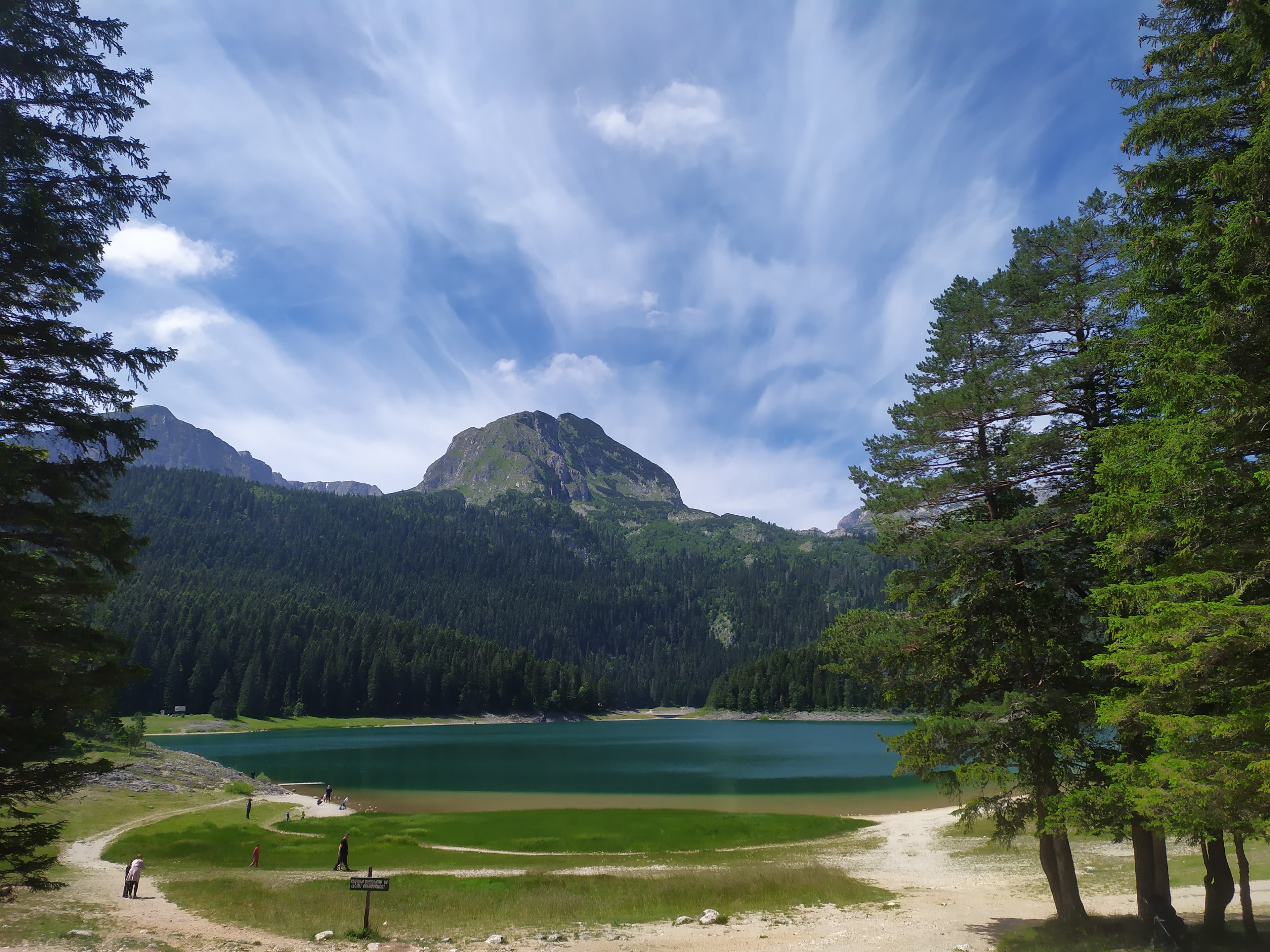 Lago Crno nel Durmitor, circondato da boschi e montagne sotto un cielo nuvoloso.