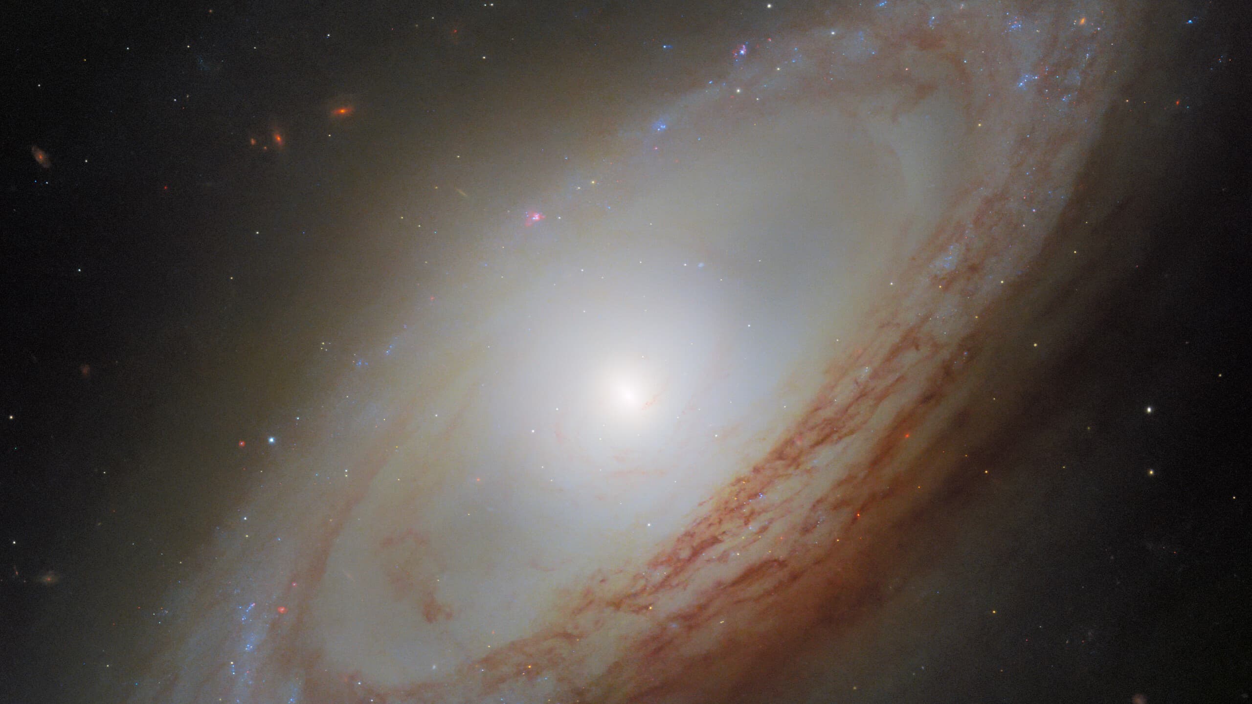 Galassia NGC 4698 con centro luminoso, bracci a spirale e bande di polvere su fondo scuro.