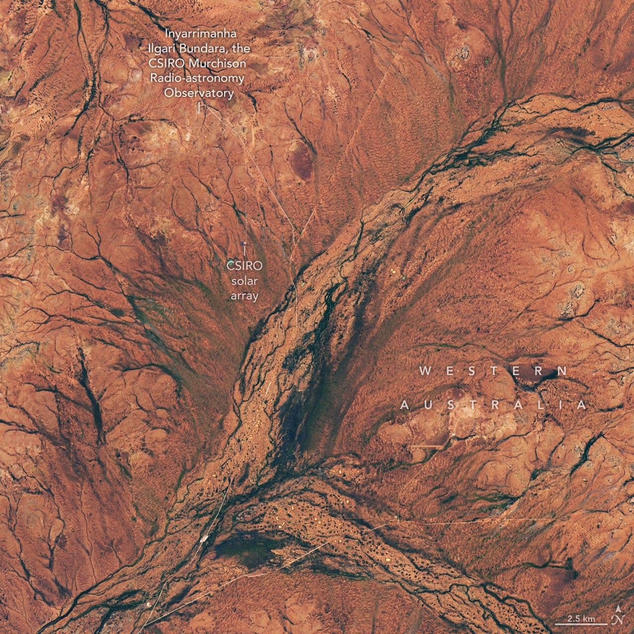 Immagine satellitare del Murchison con terreno rossastro, corsi d’acqua e vegetazione scura
