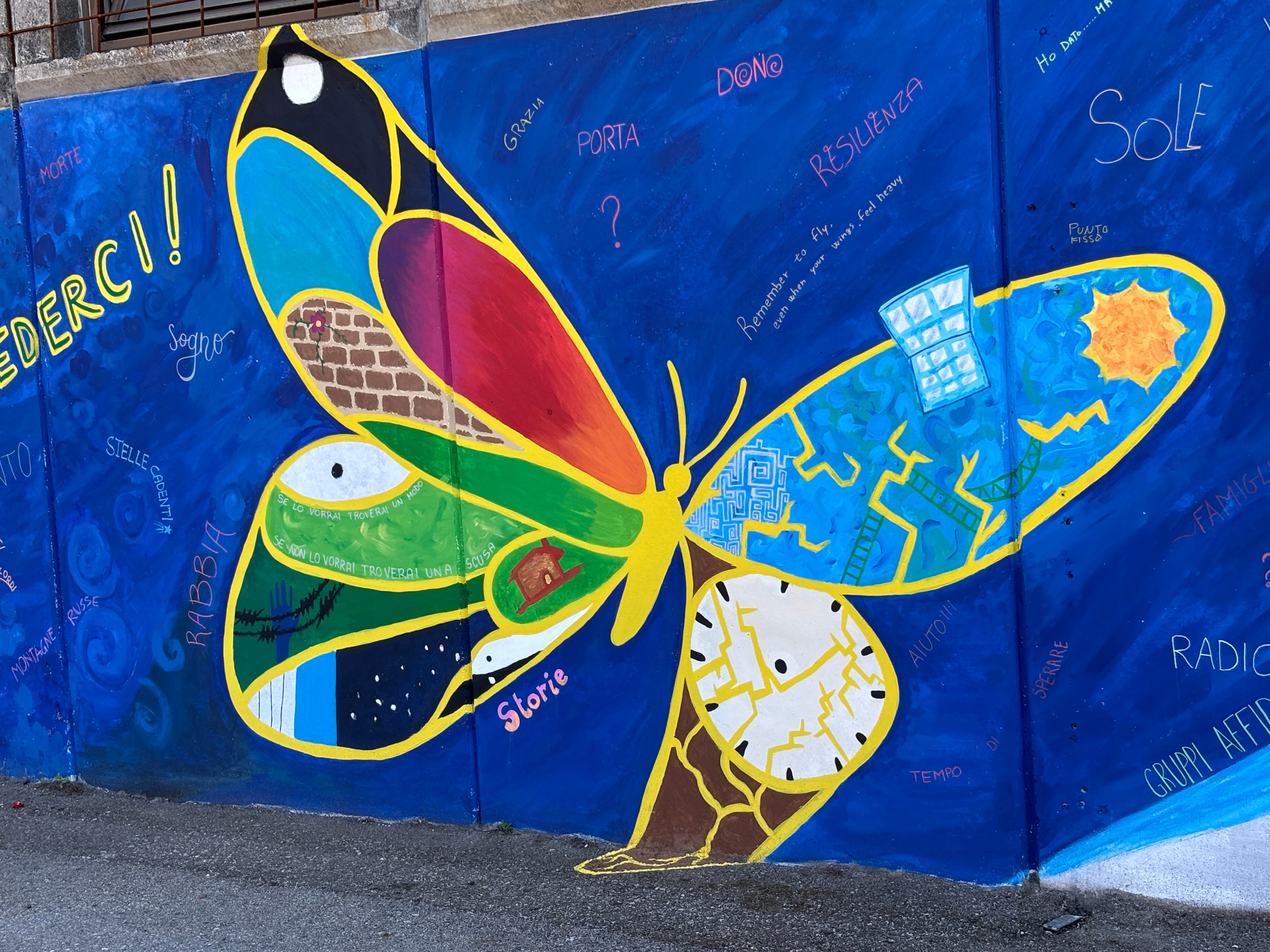 Una grande farfalla variopinta dipinta sui pannelli blu del muro degli spazi ex Atesina.