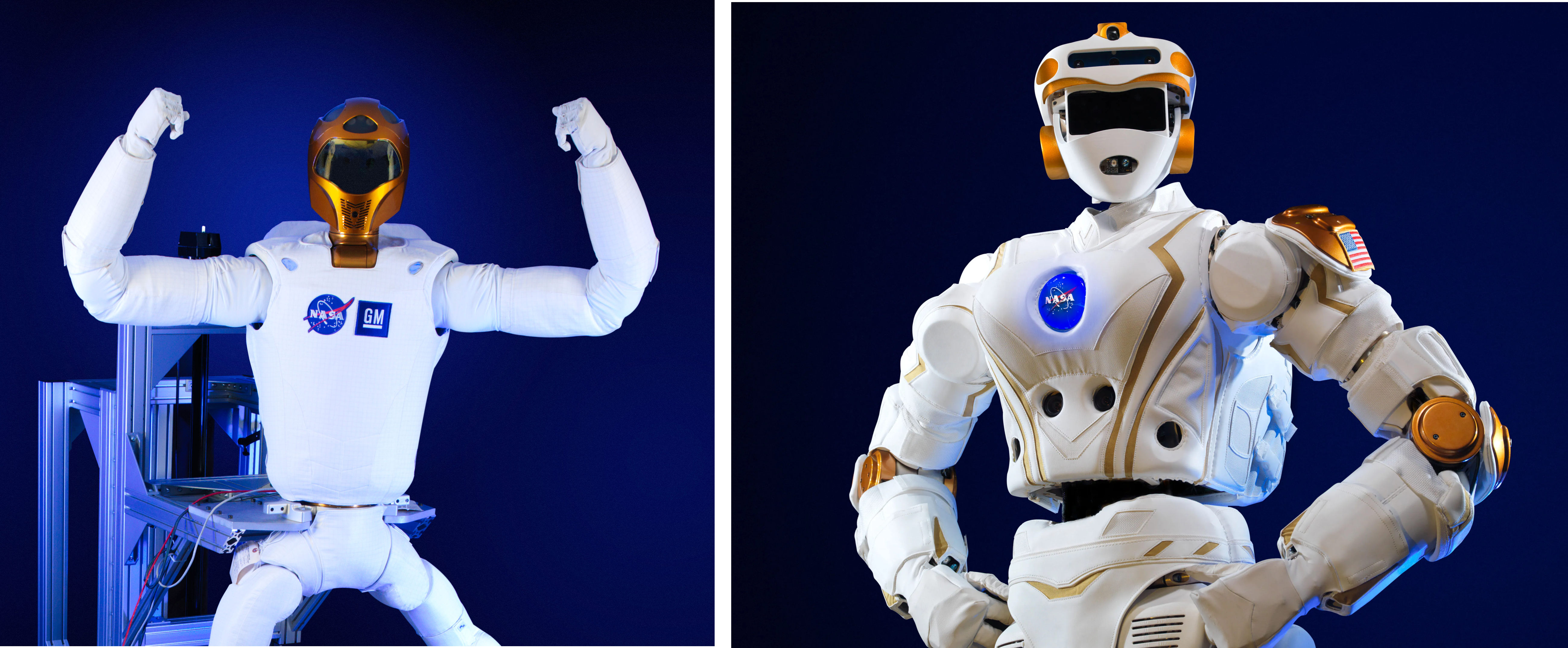 Robonaut 2, a sinistra con le braccia sollevate, e Valkyrie, a destra, in due fotografie NASA affiancate.