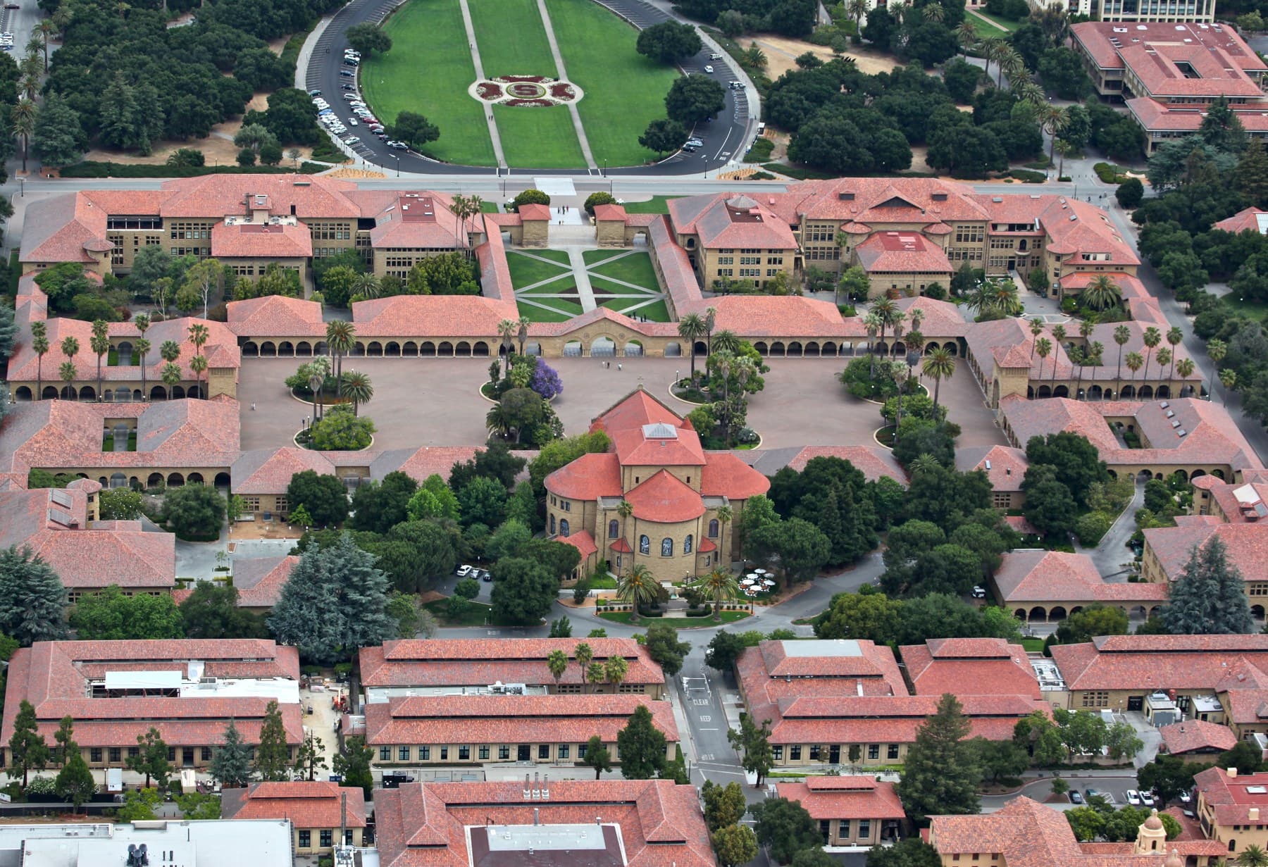 Elevated view of the Main Quad and buildings on Stanford’s campus