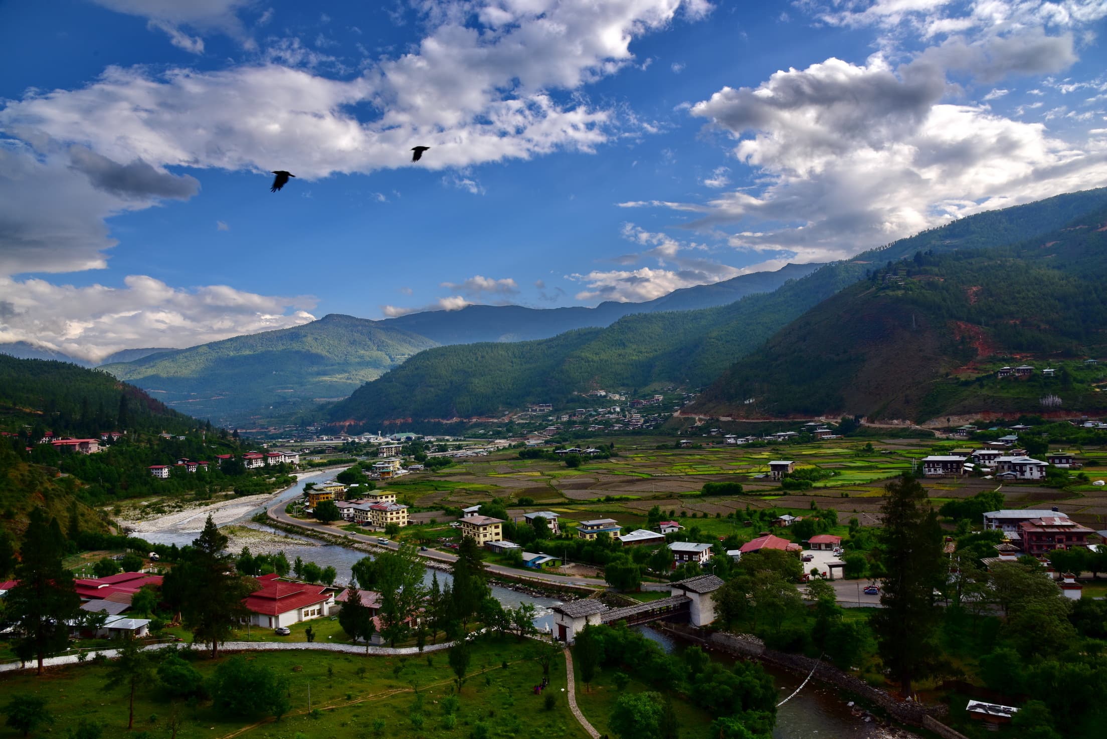 La valle di Paro in Bhutan, con campi coltivati, case e montagne verdi.
