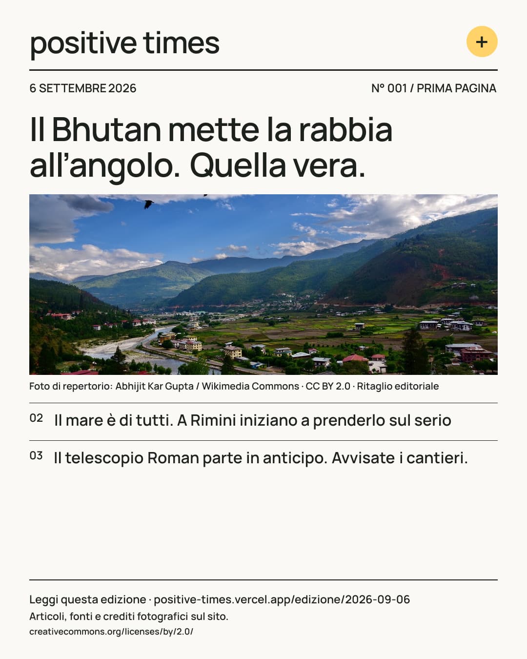 Prima pagina di Positive Times · 6 settembre 2026