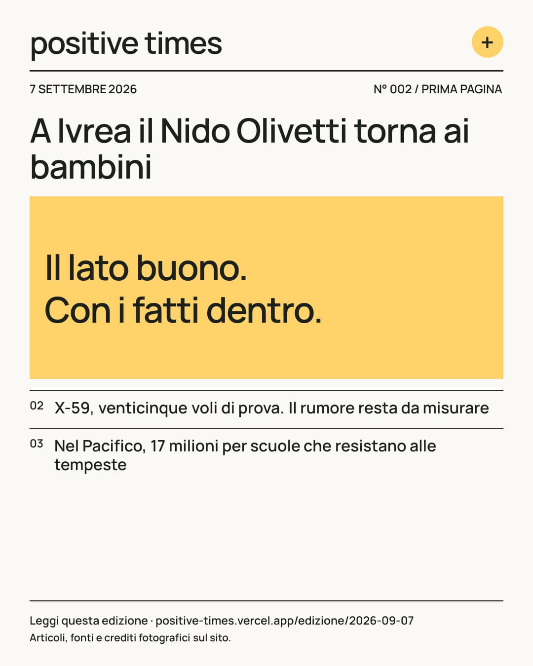 Prima pagina di Positive Times · 7 settembre 2026