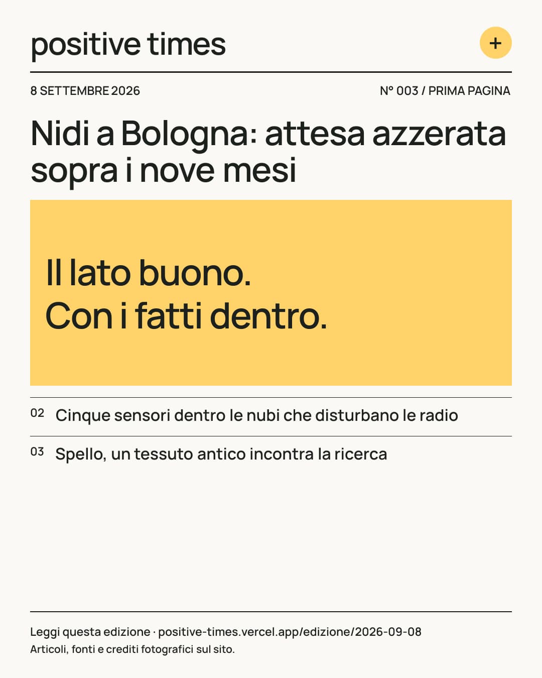 Prima pagina di Positive Times · 8 settembre 2026