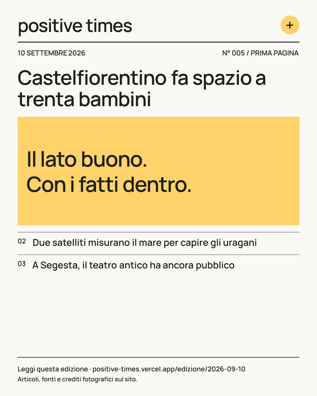 Prima pagina di Positive Times · 10 settembre 2026