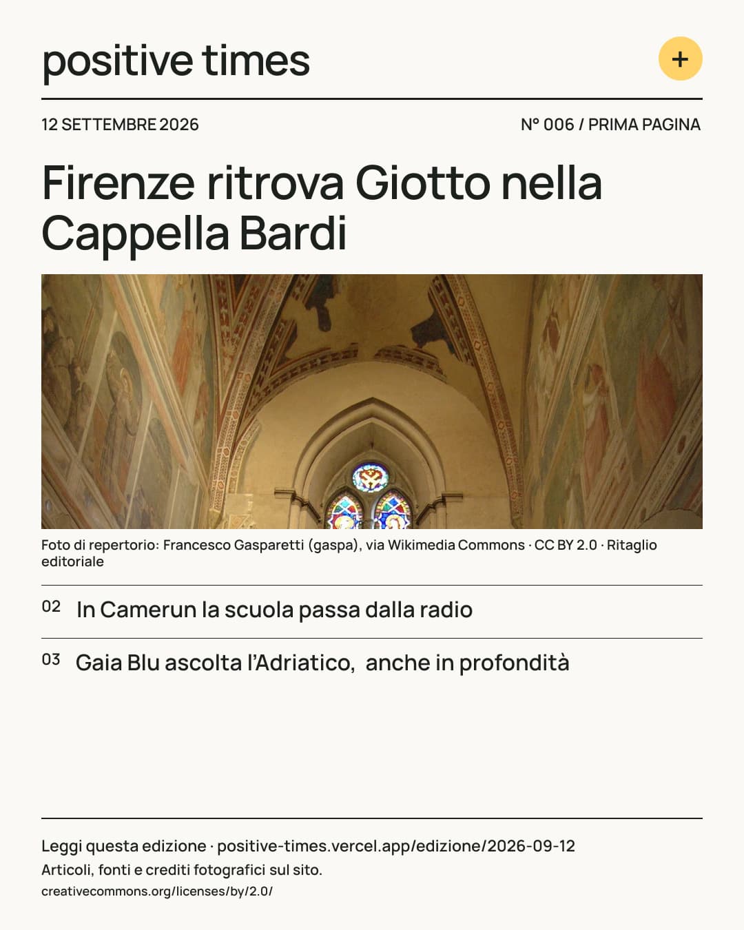 Prima pagina di Positive Times · 12 settembre 2026