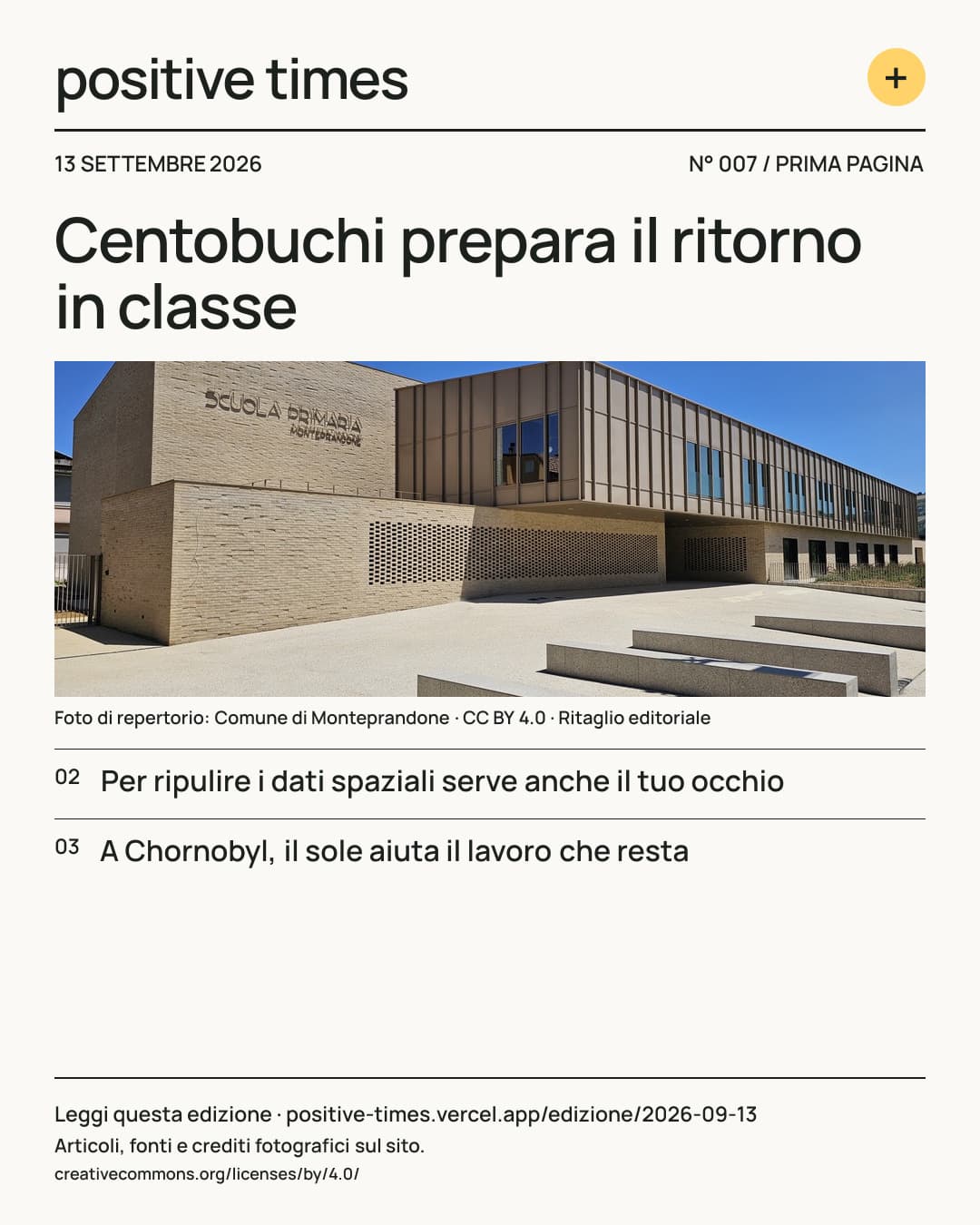 Prima pagina di Positive Times · 13 settembre 2026