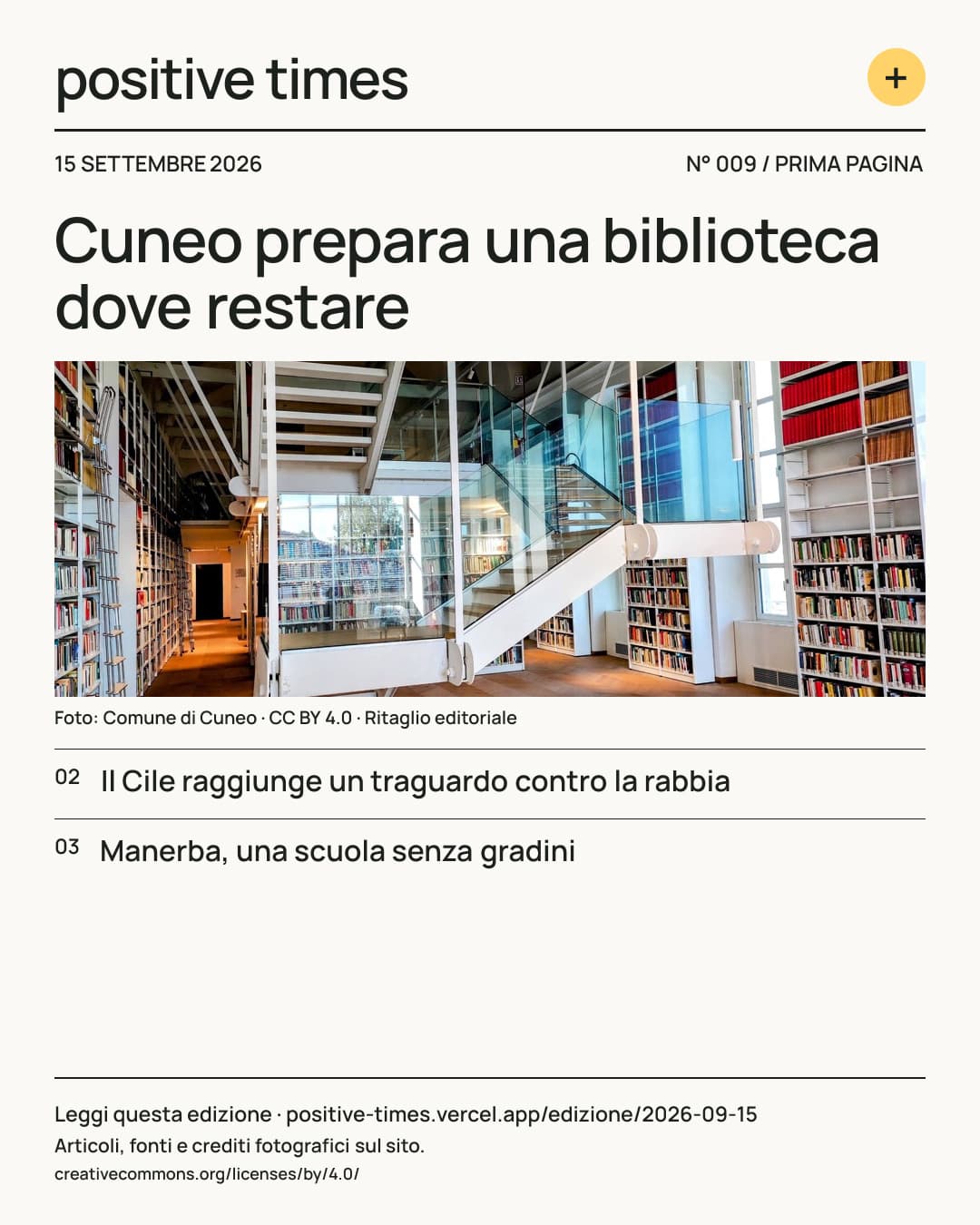 Prima pagina di Positive Times · 15 settembre 2026