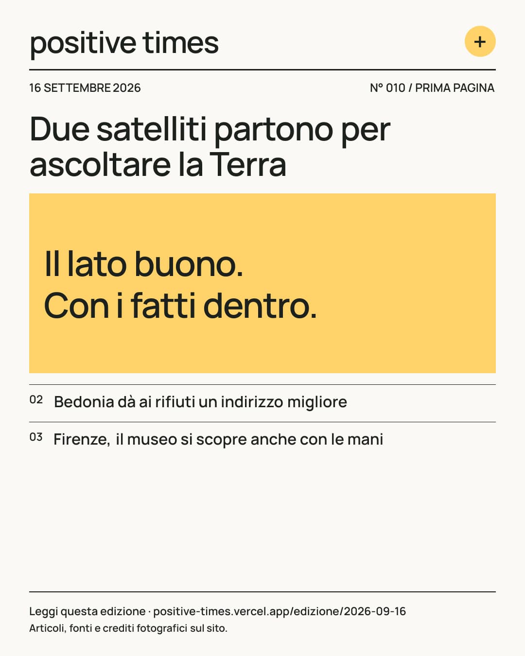 Prima pagina di Positive Times · 16 settembre 2026