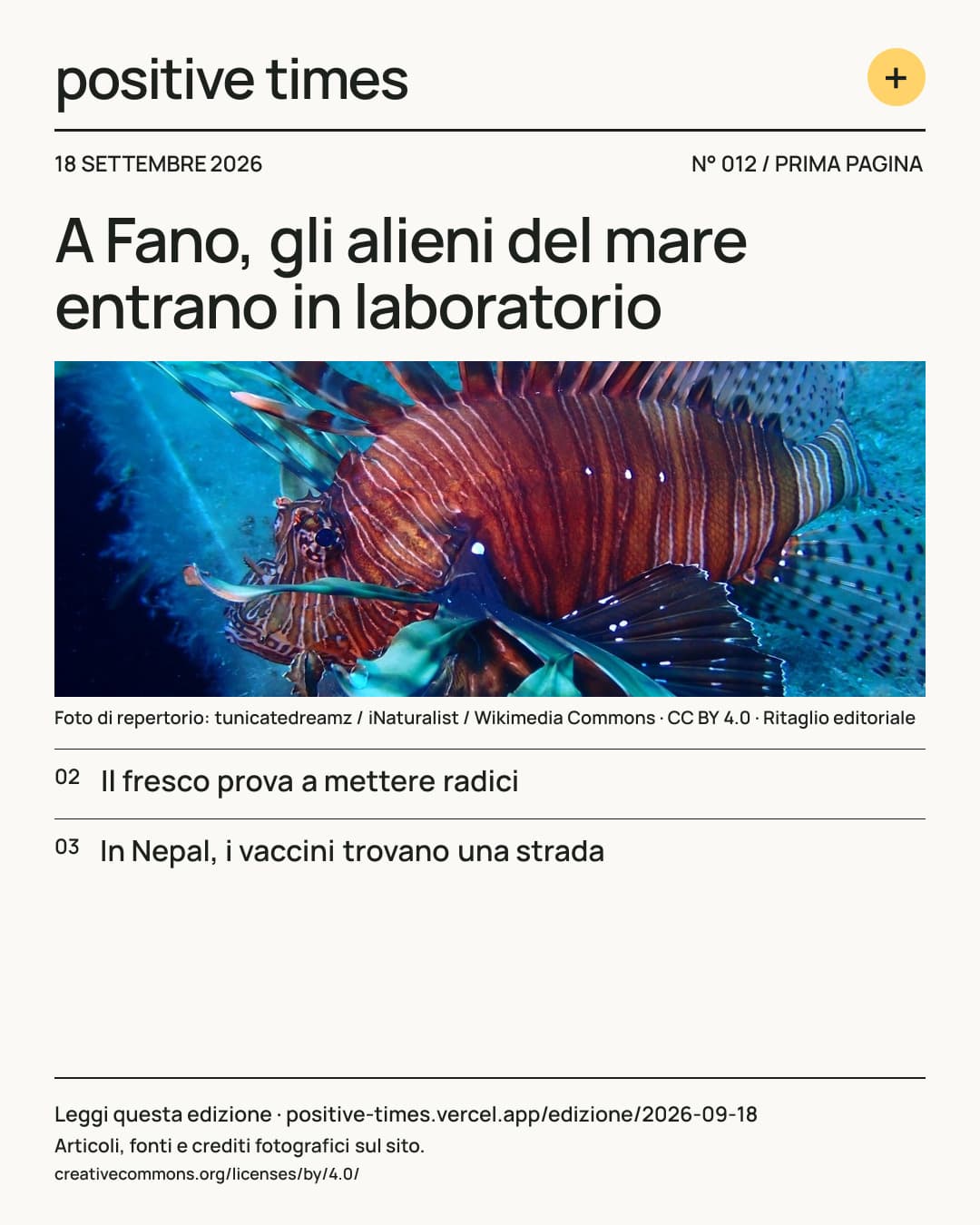 Prima pagina di Positive Times · 18 settembre 2026