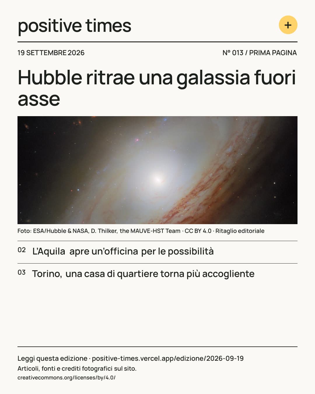 Prima pagina di Positive Times · 19 settembre 2026