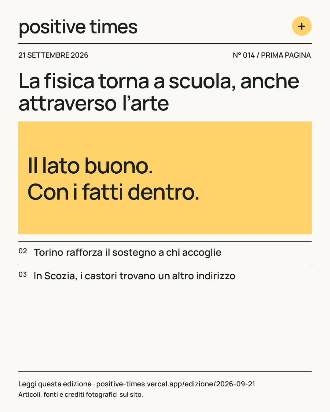 Prima pagina di Positive Times · 21 settembre 2026