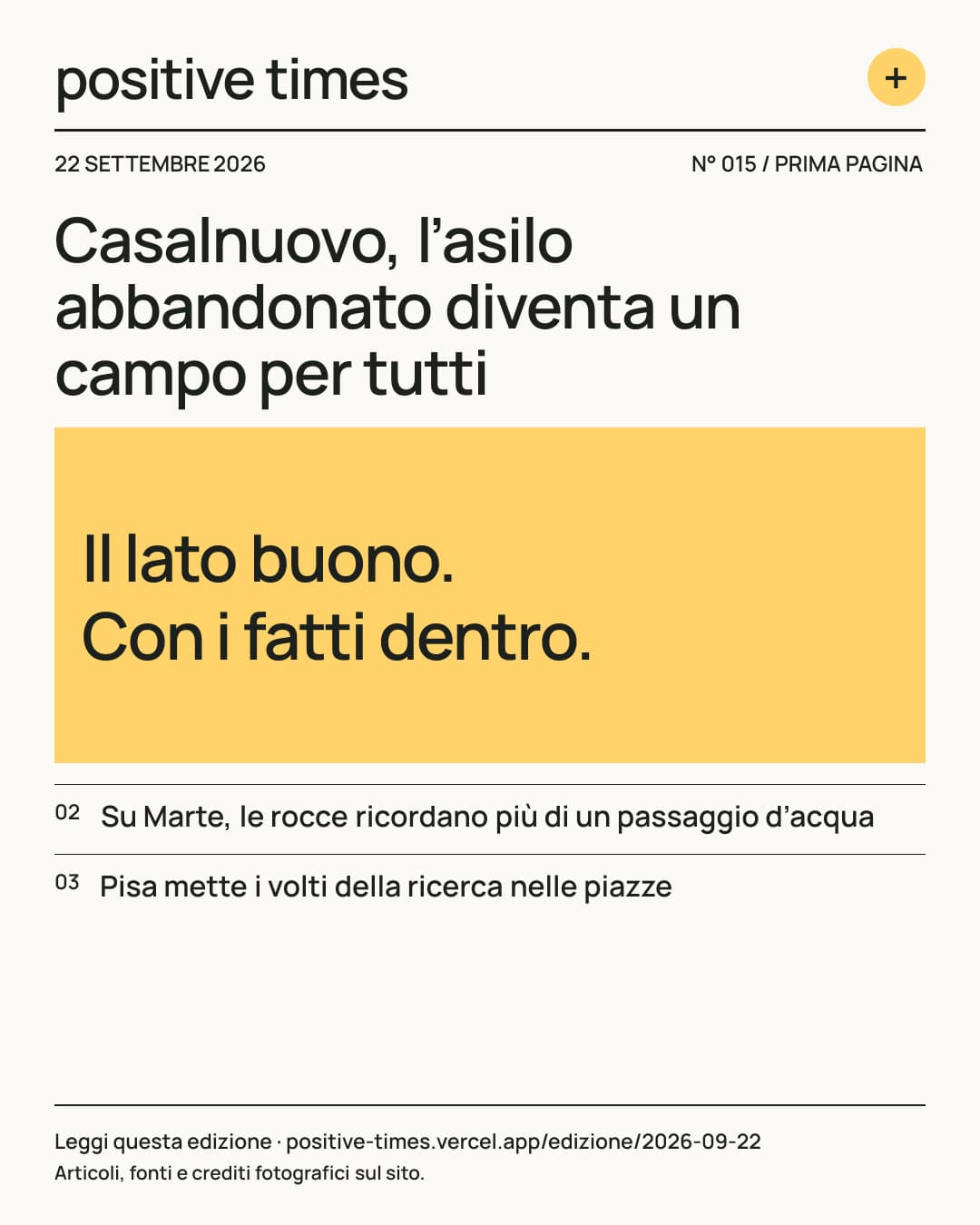 Prima pagina di Positive Times · 22 settembre 2026