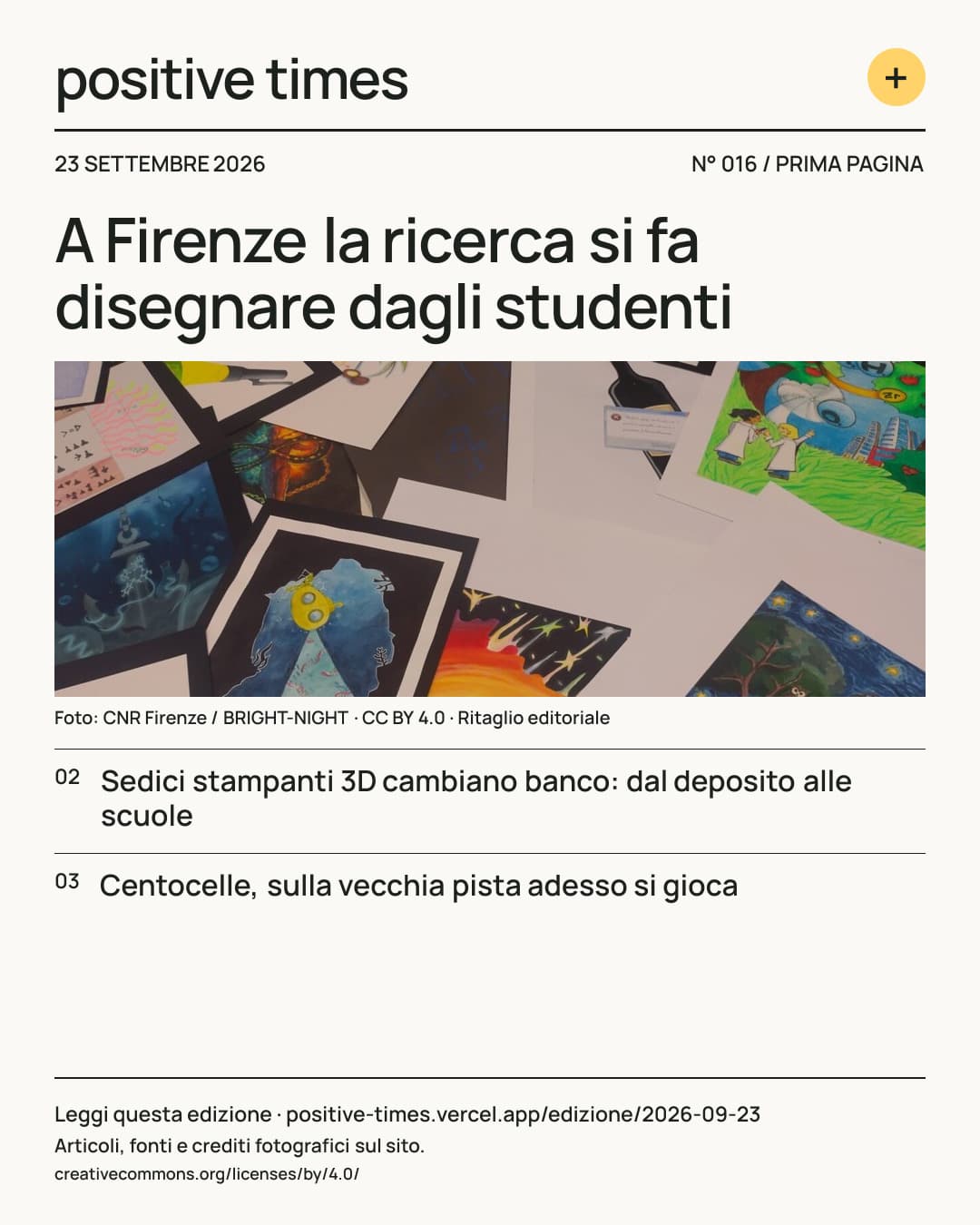 Prima pagina di Positive Times · 23 settembre 2026