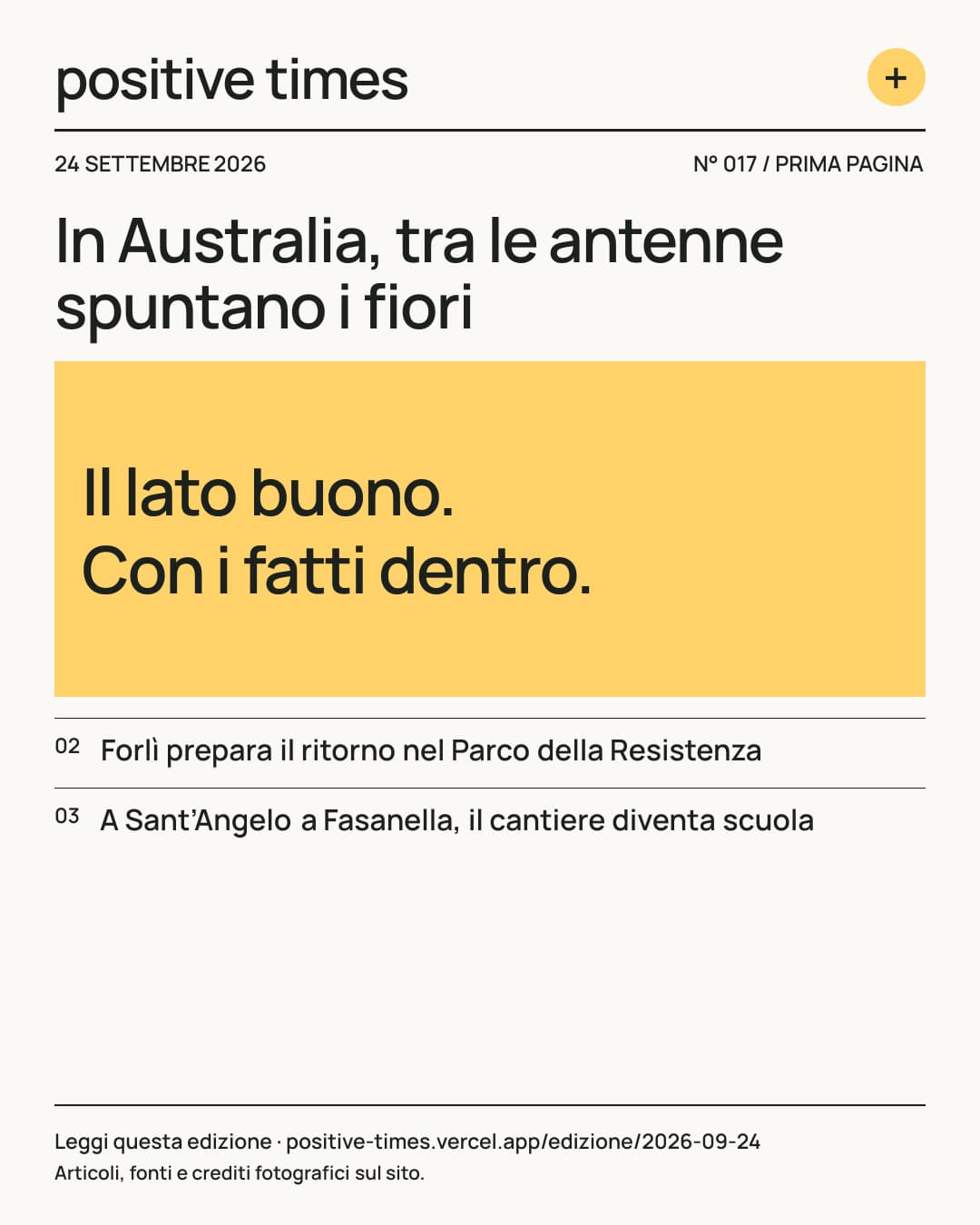 Prima pagina di Positive Times · 24 settembre 2026