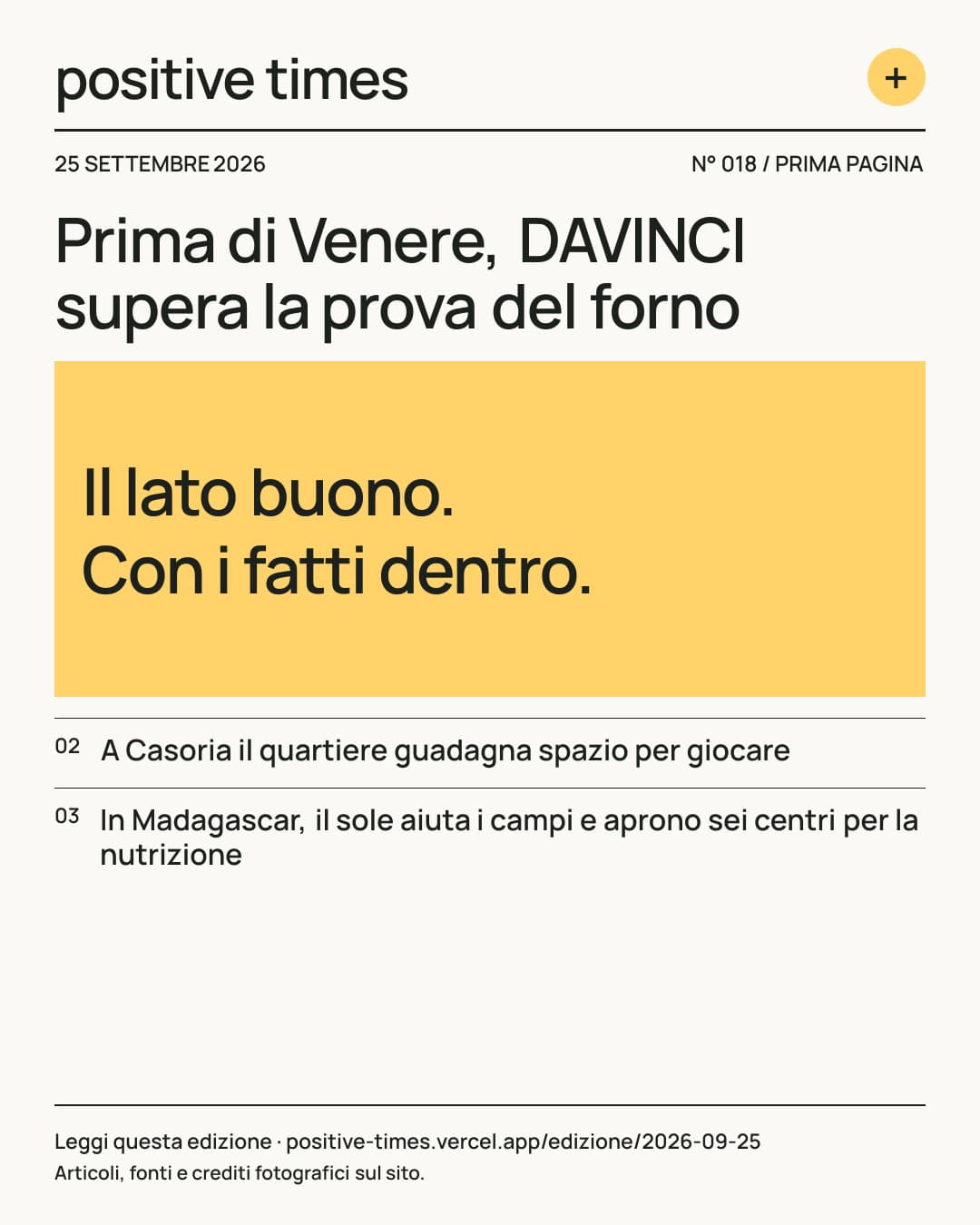 Prima pagina di Positive Times · 25 settembre 2026