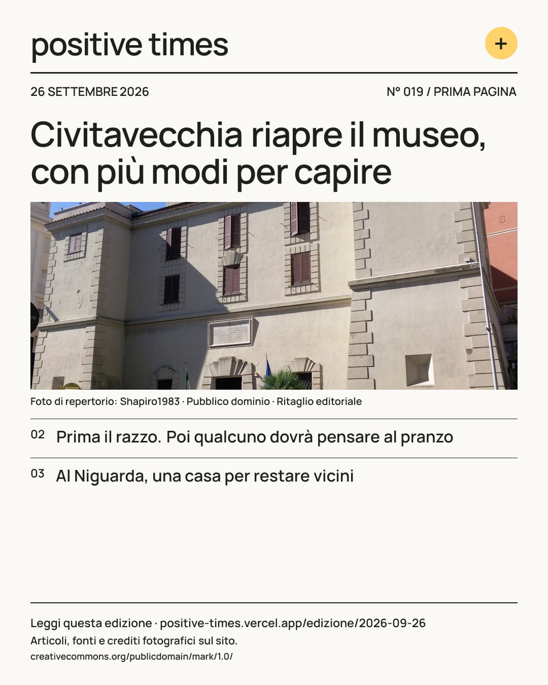 Prima pagina di Positive Times · 26 settembre 2026
