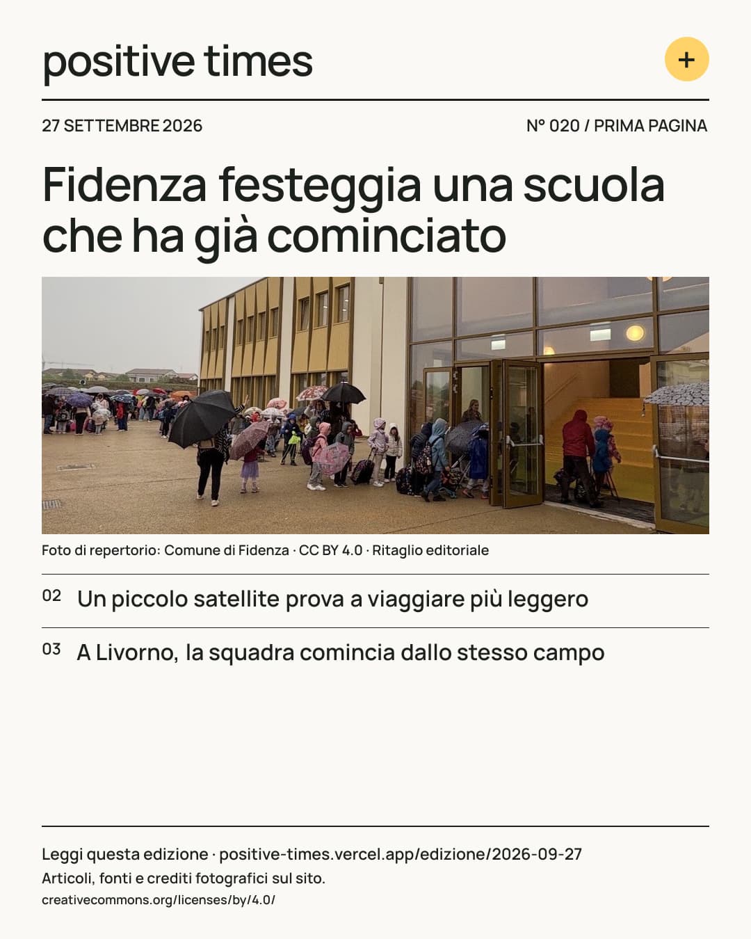 Prima pagina di Positive Times · 27 settembre 2026