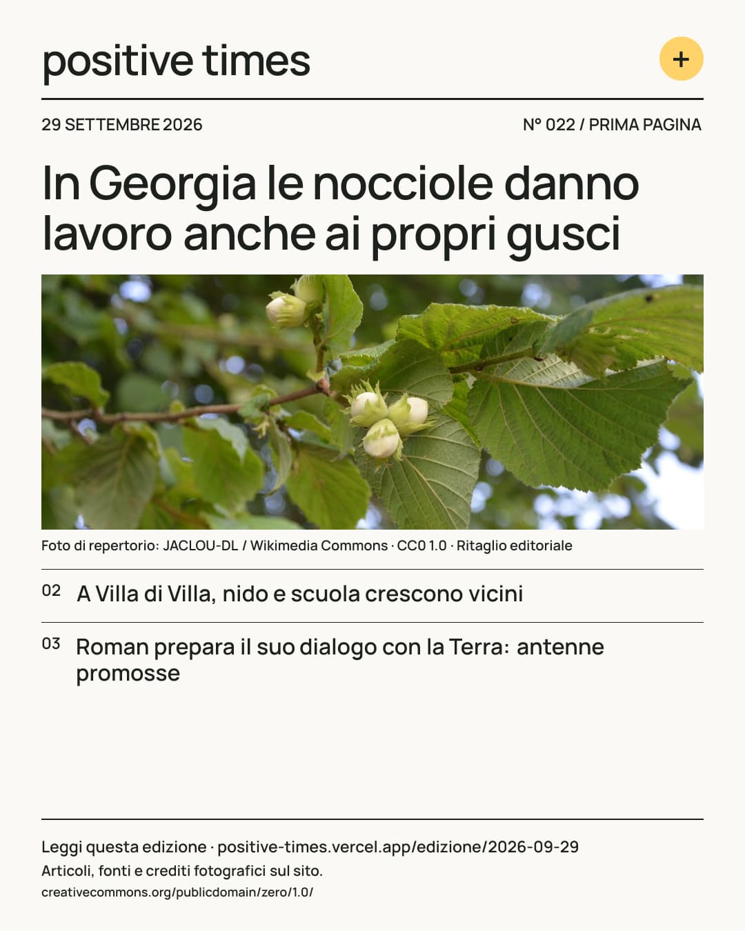 Prima pagina di Positive Times · 29 settembre 2026