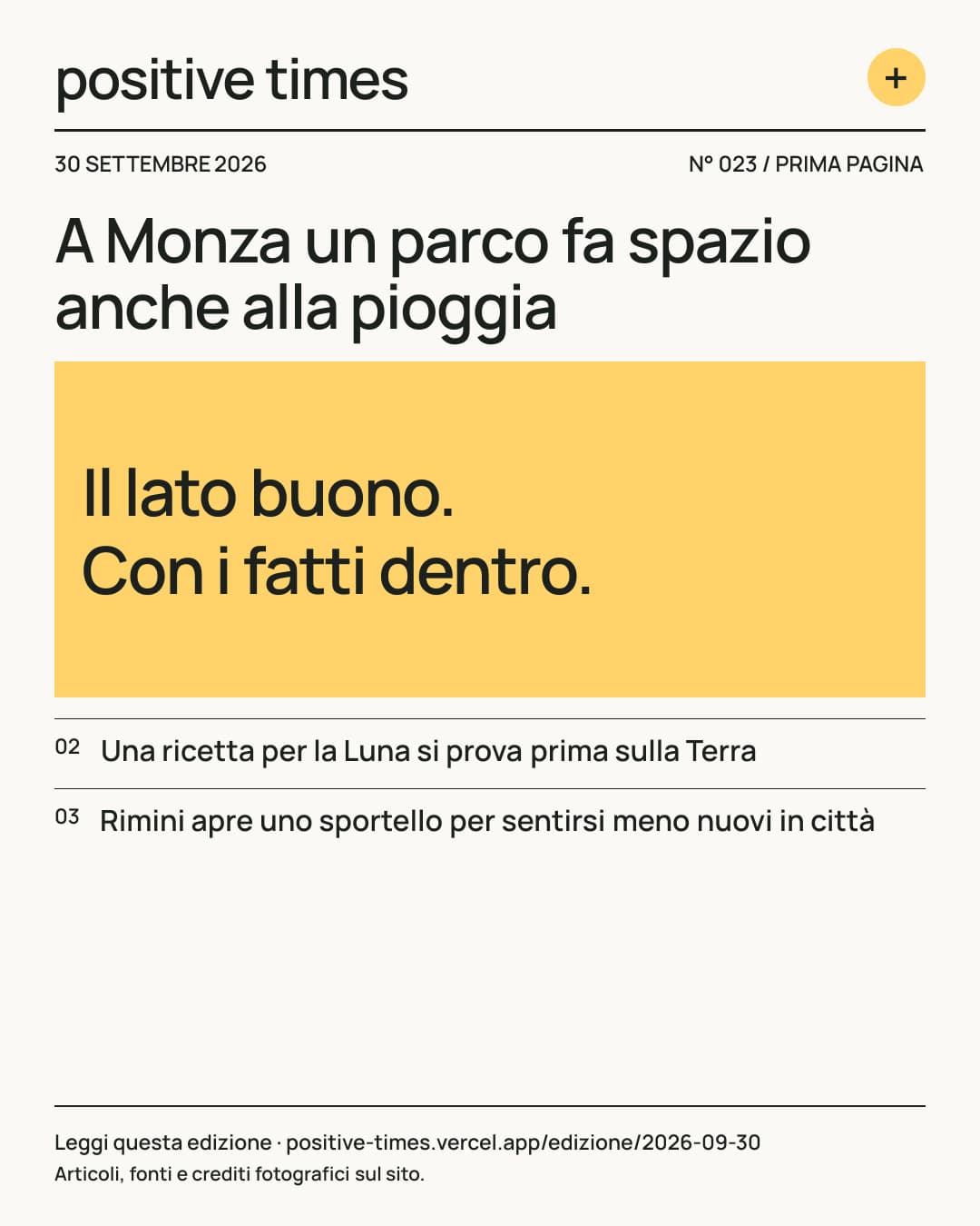 Prima pagina di Positive Times · 30 settembre 2026