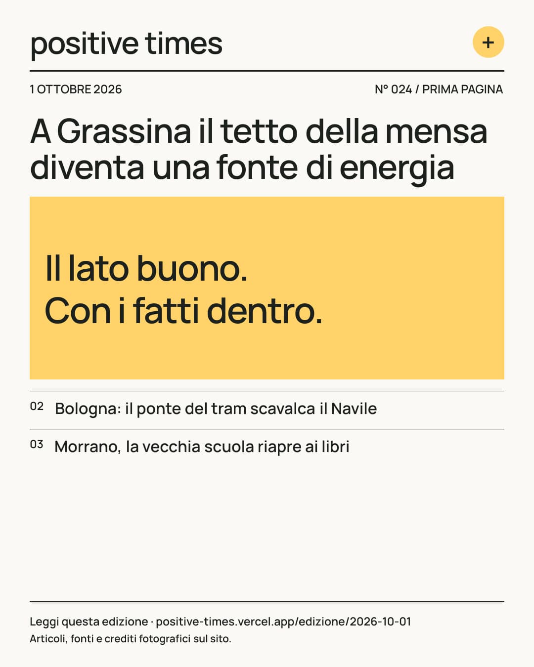 Prima pagina di Positive Times · 1 ottobre 2026
