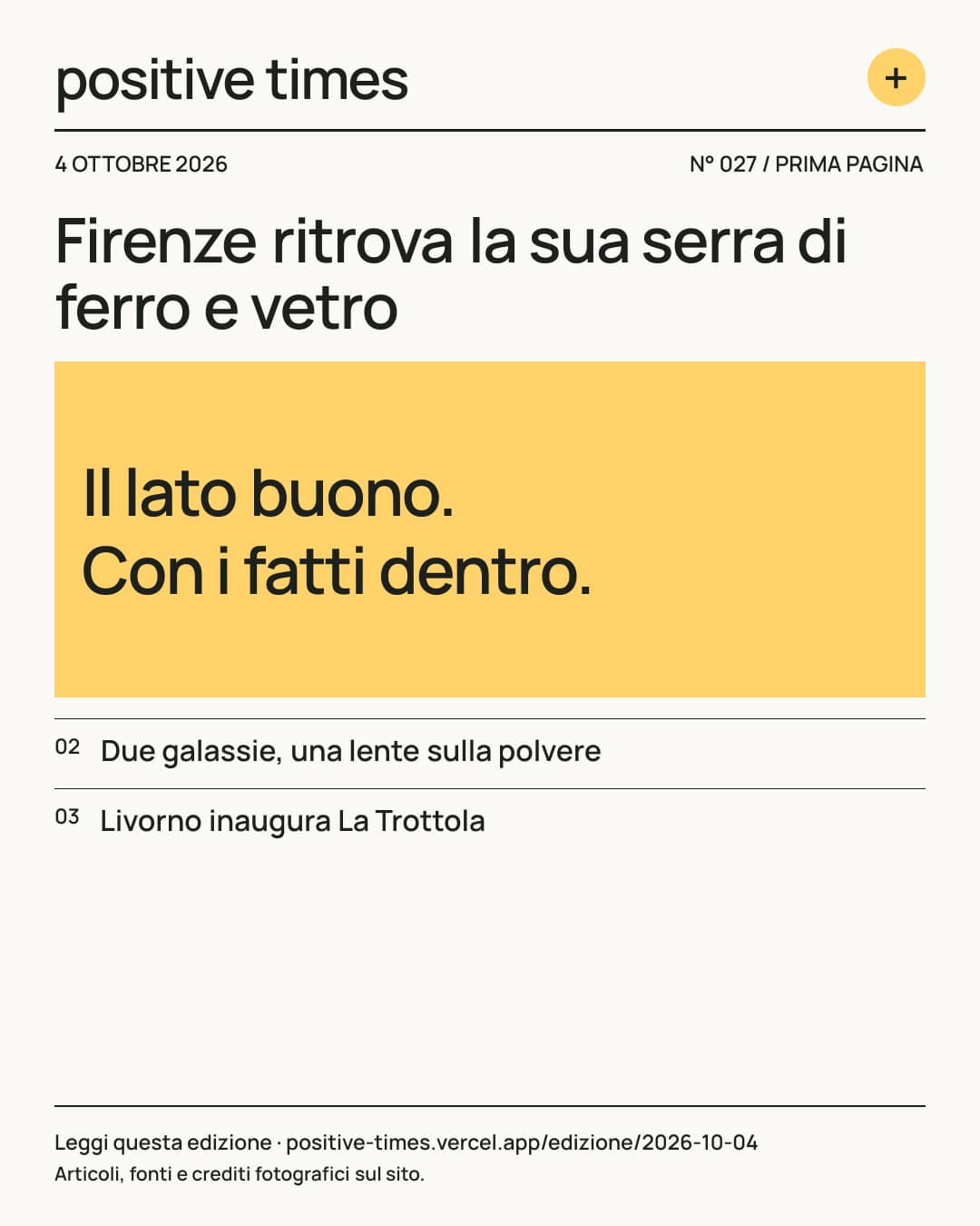 Prima pagina di Positive Times · 4 ottobre 2026
