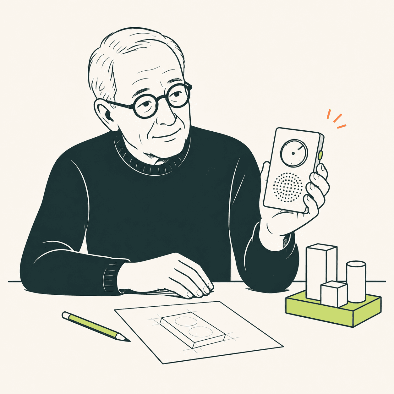 Dieter Rams illustrato al tavolo tiene una piccola radio bianca, accanto a una matita e a uno schizzo geometrico.