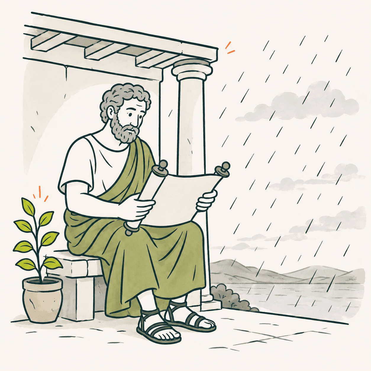 Rappresentazione immaginata di Epitteto con barba e tunica, seduto sotto un portico con un rotolo senza testo mentre fuori piove.