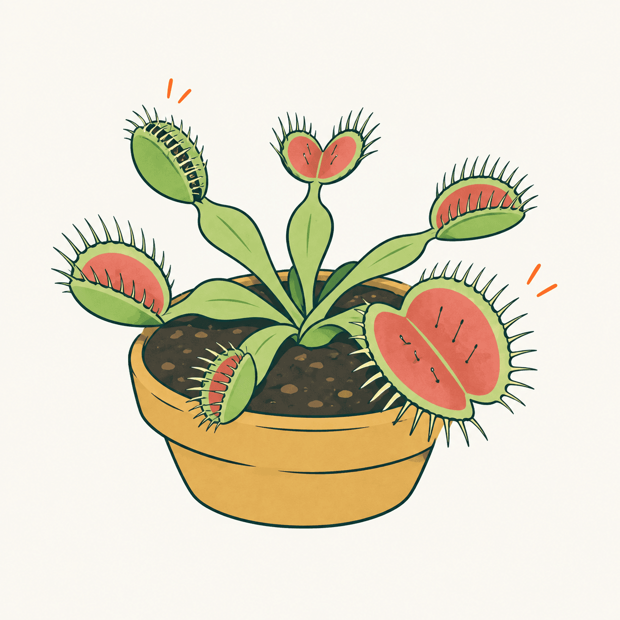 Dionaea in vaso con foglie a rosetta, trappole verdi e rosse a due lobi, setole marginali e sottili peli sensibili.