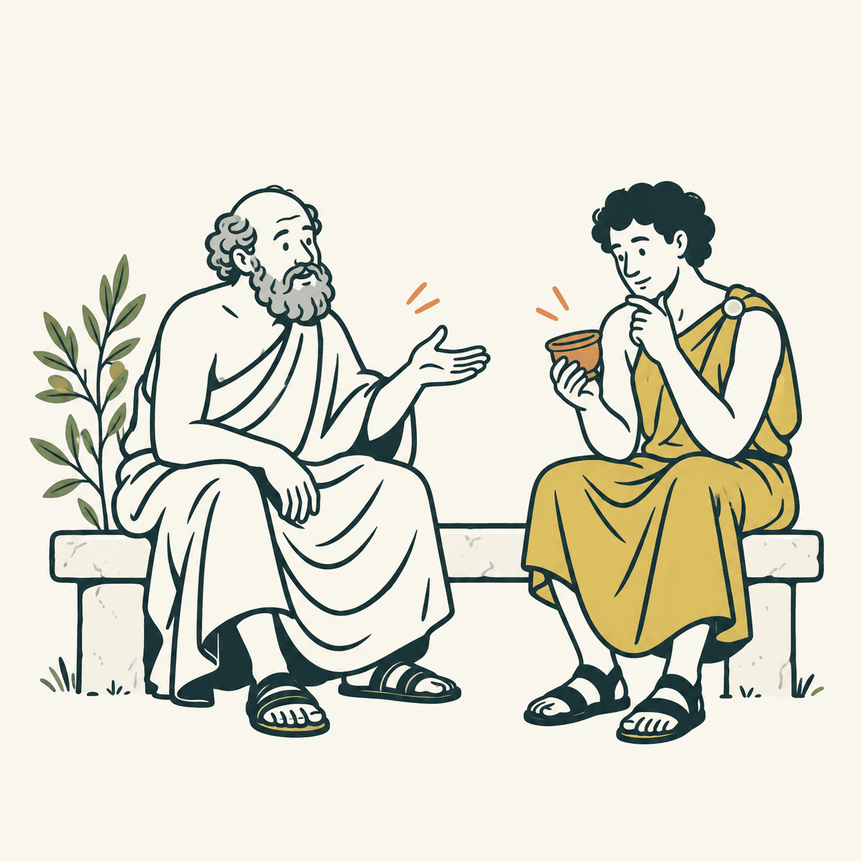 Scena immaginata: Socrate, anziano e barbuto, conversa su una panca con un giovane adulto che tiene una semplice coppa.
