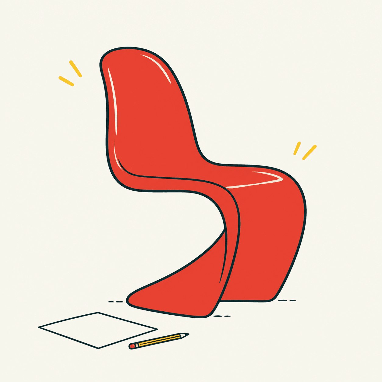 Interpretazione illustrata di una Panton Chair rossa: una scocca continua forma schienale, seduta e base, accanto a foglio e matita.