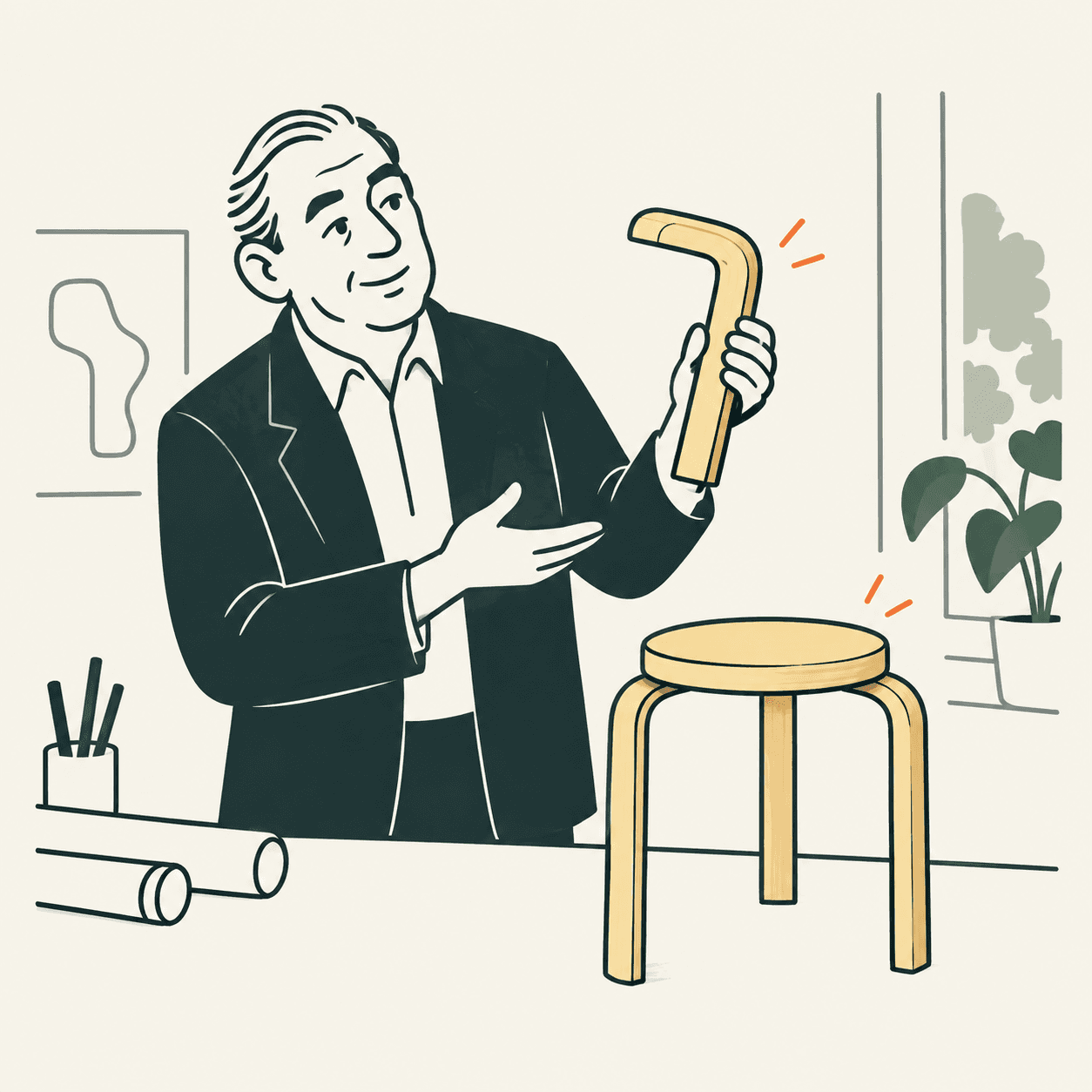 Ritratto interpretativo di Alvar Aalto che presenta una gamba di legno curvata accanto a uno sgabello con sedile rotondo e tre gambe.