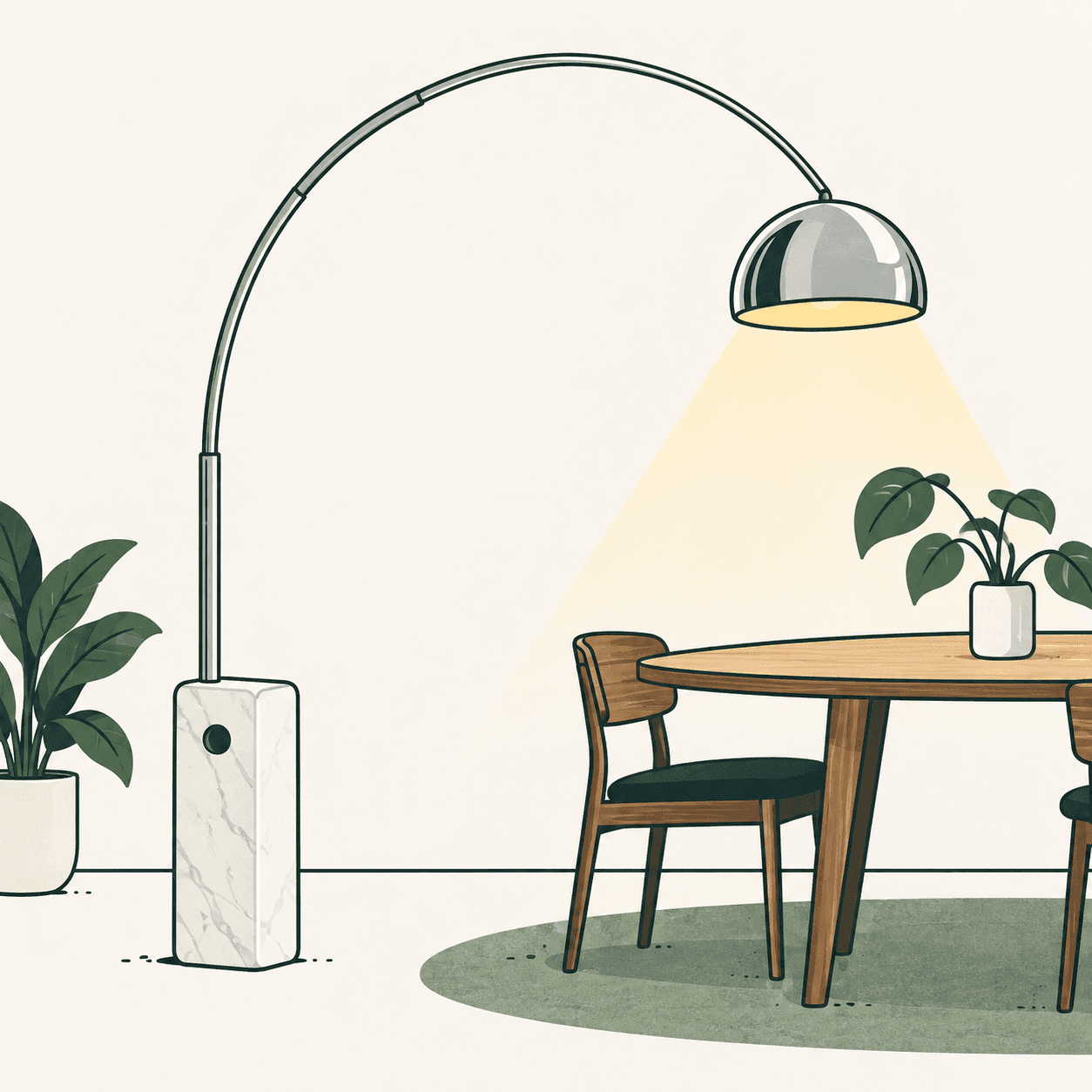 Interpretazione illustrata della lampada Arco: base bianca con foro, lungo stelo metallico curvo e riflettore sopra un tavolo.