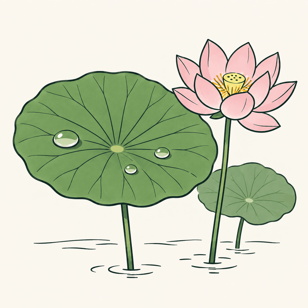 Foglie peltate di loto emergono dall’acqua, con gocce tonde sulla superficie e un fiore rosa dal ricettacolo centrale.