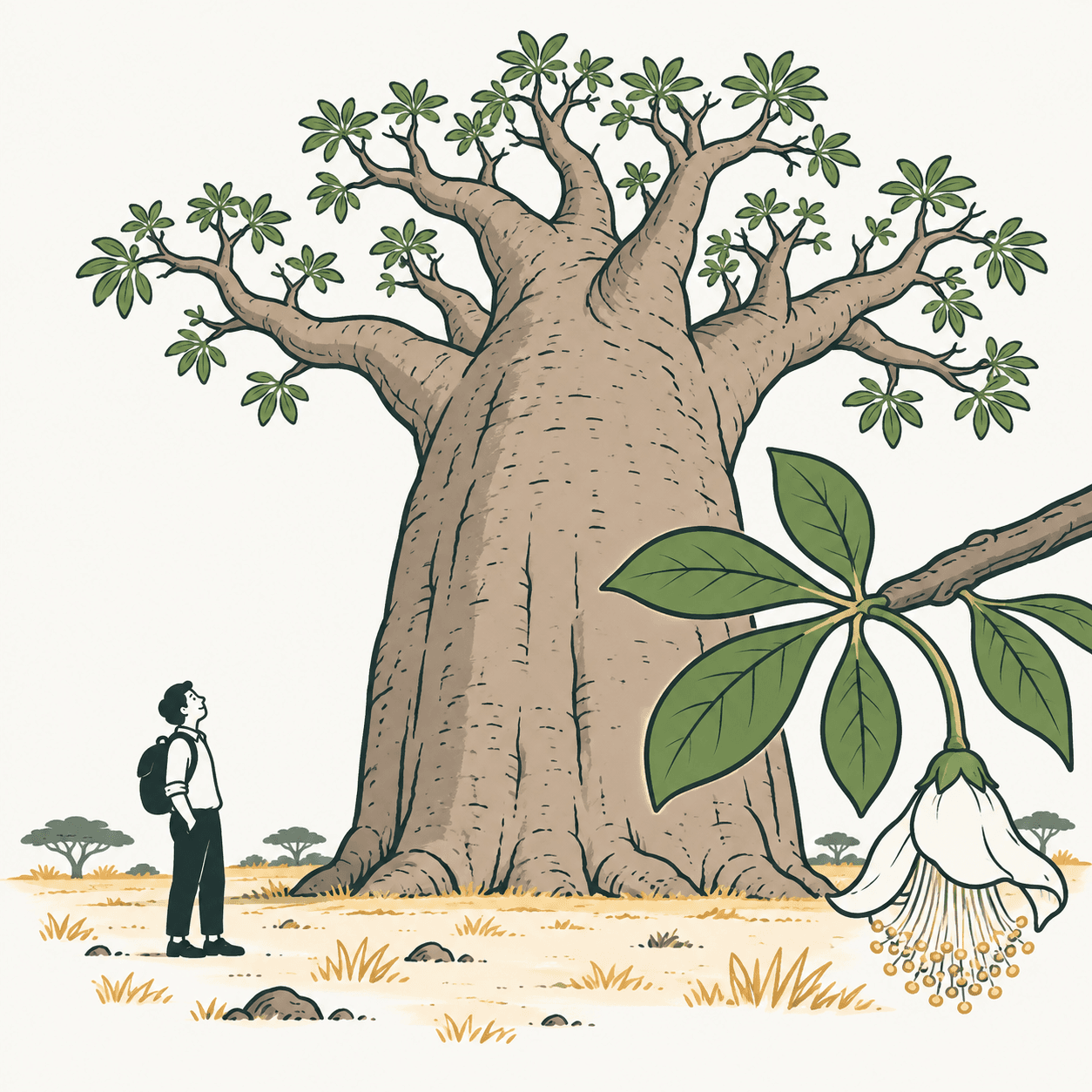 Interpretazione di un baobab africano dal tronco ampio, con dettaglio di foglia composta palmata e fiore bianco pendulo.