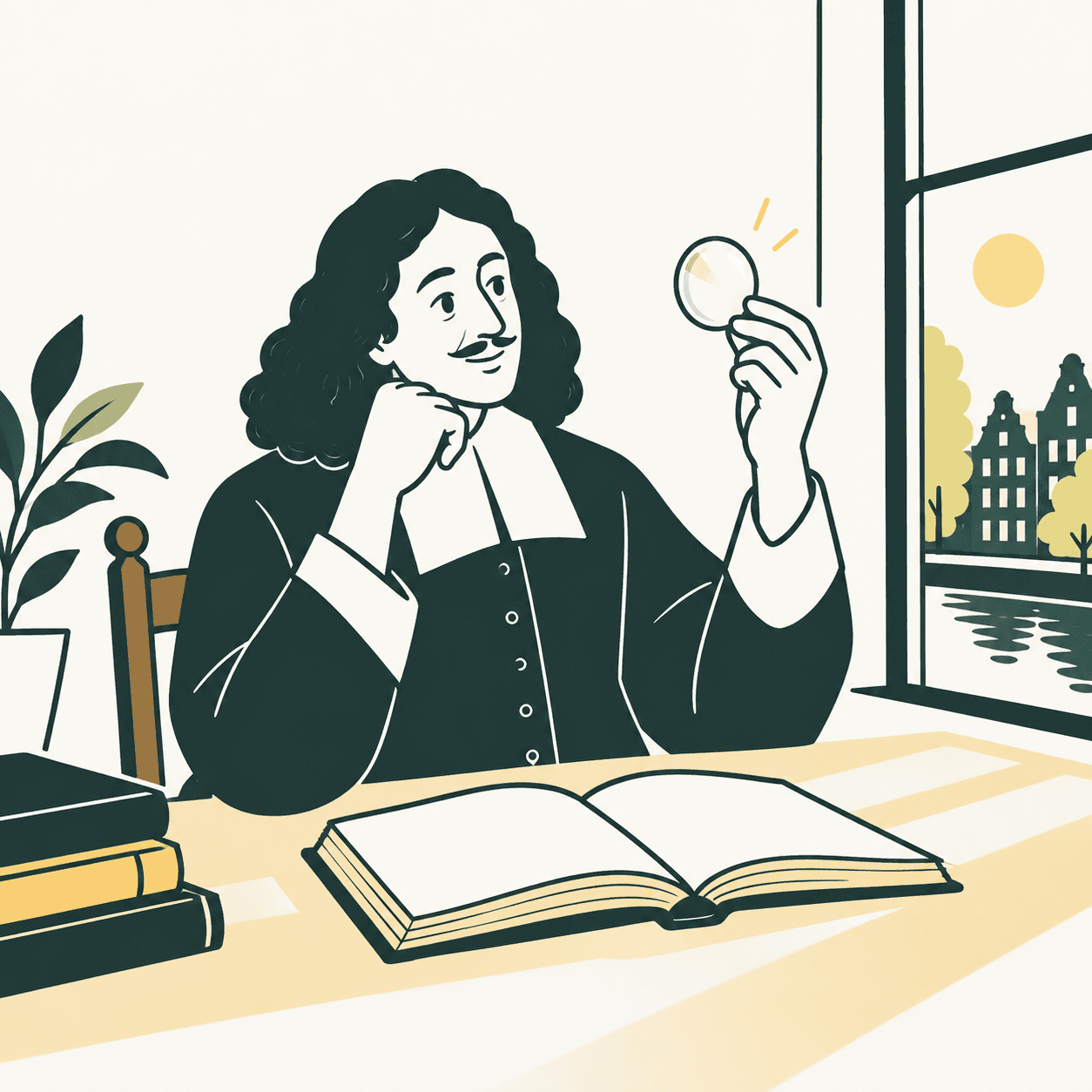 Interpretazione illustrata di Spinoza con ricci scuri e colletto bianco, seduto davanti a un libro aperto mentre osserva una lente.