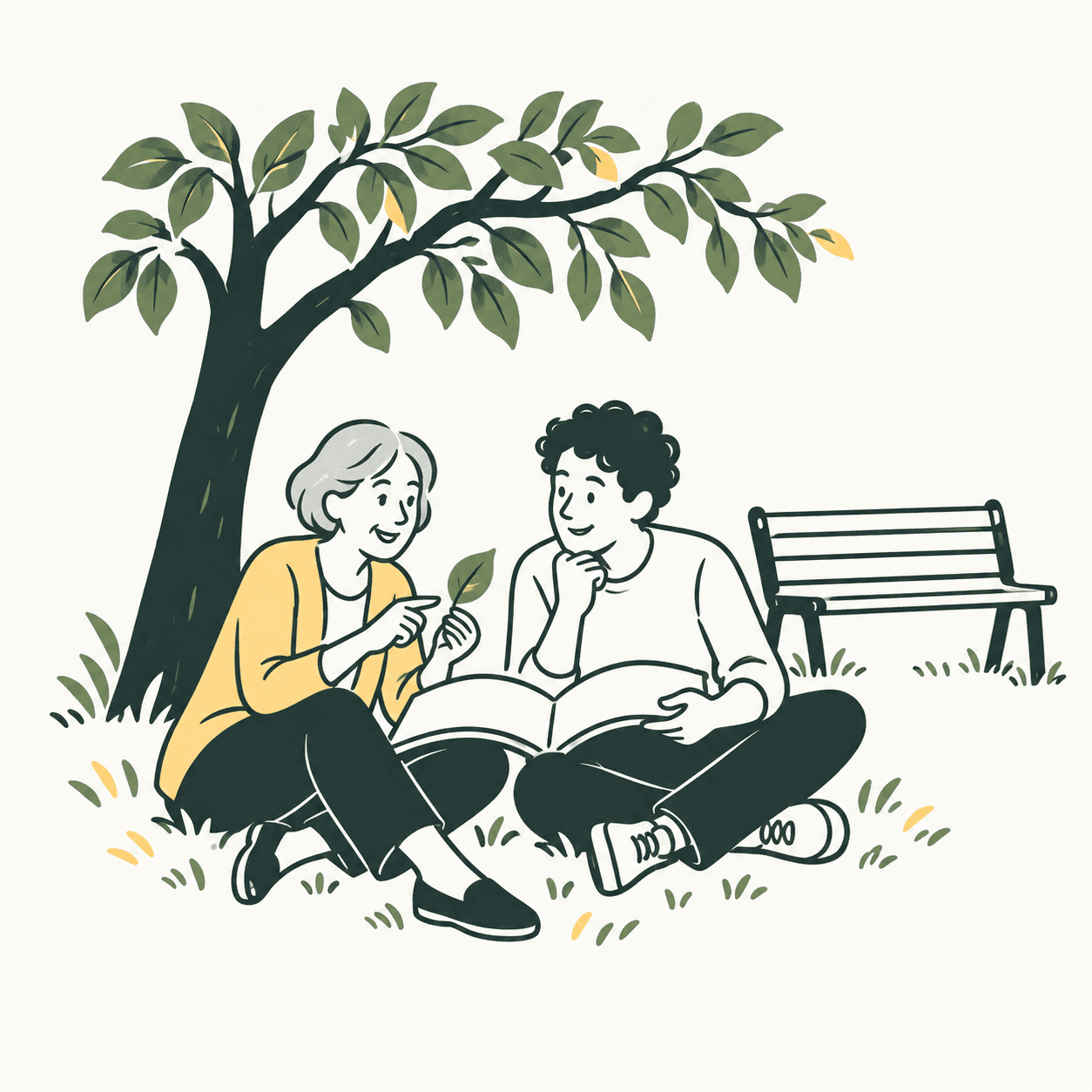 Due adulti studiano un libro senza scritte sotto un albero, metafora editoriale del tempo libero dedicato a comprendere.