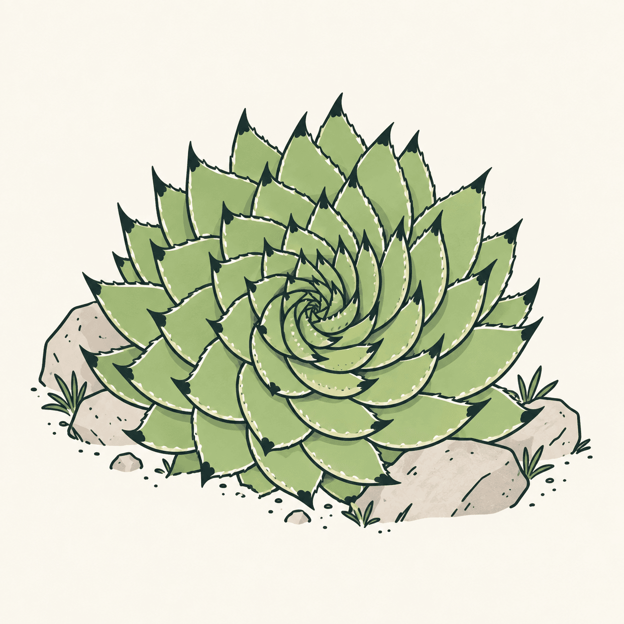 Interpretazione botanica di Aloe polyphylla, con una rosetta compatta di foglie appuntite disposte a spirale.